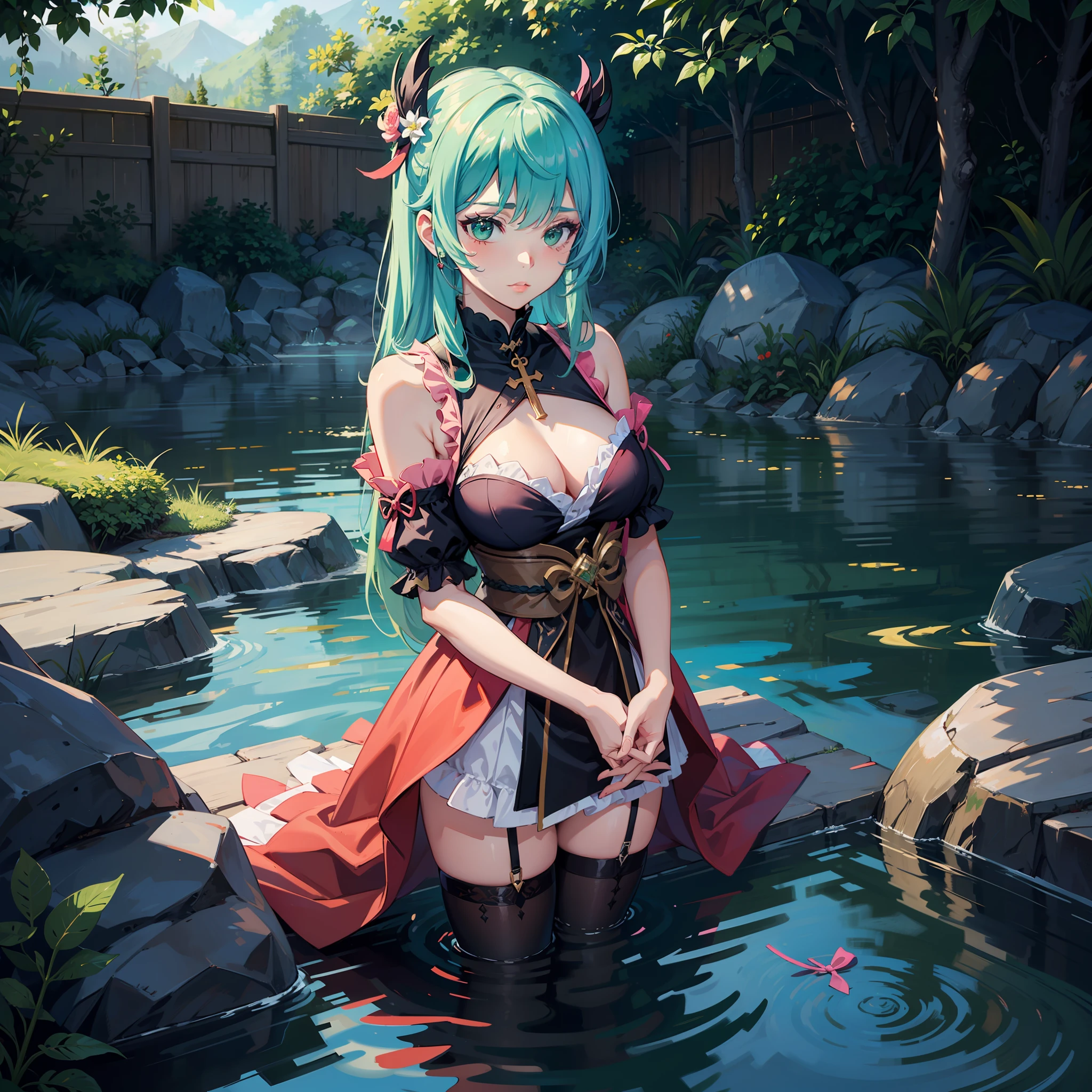 Genshin|genshin impact  ,looking down|looking down,eyeshadows|eye shadows  ,pubic hair is transparent|transparenthair, green colors|Green pink ribbon|pink ribbon,guns|gun, long eyeslashes|longeyelashes,Cross your hands over your chest|arms_crossed,Lori|loli,Open-air hot spring|openair hot springs  ,