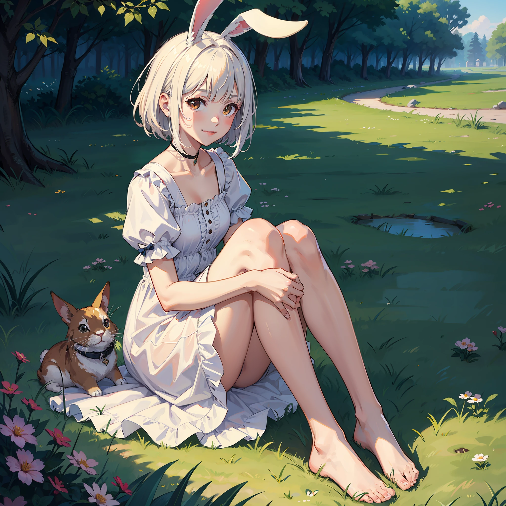 ((masterpiece,best quality)),1girl, solo, animal ears, rabbit, barefoot, knees up, dress, sitting, rabbit ears, short sleeves, looking at viewer, grass, short hair, smile, white hair, puffy sleeves, outdoors, puffy short sleeves, bangs, on ground, full body, animal, white dress, sunlight, brown eyes, dappled sunlight, day, depth of field