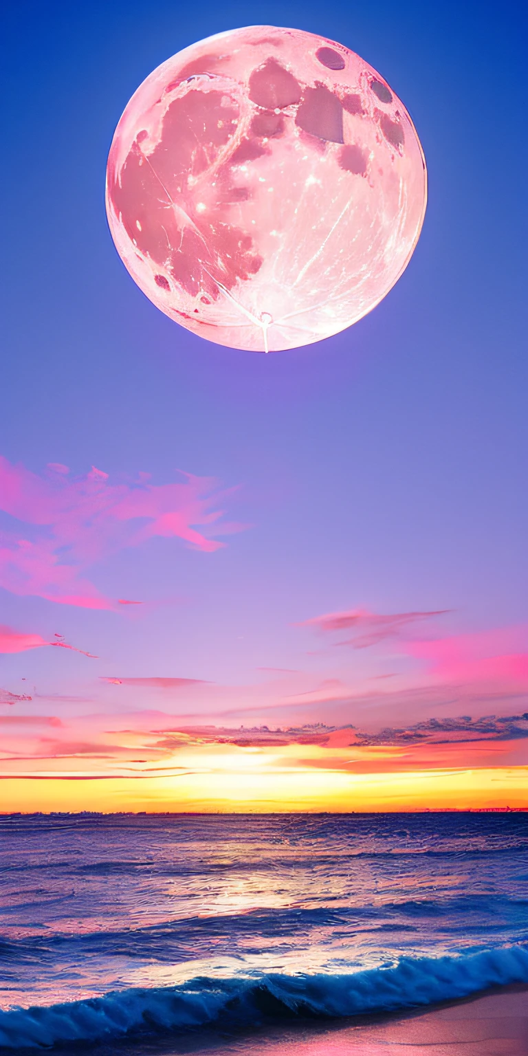 Pink moon, pink sky, soft pink clouds, pink ocean waves sparkling, sparkling, pink roses on pink ocean, fantasy, diamond, crown, universe, soft lights,