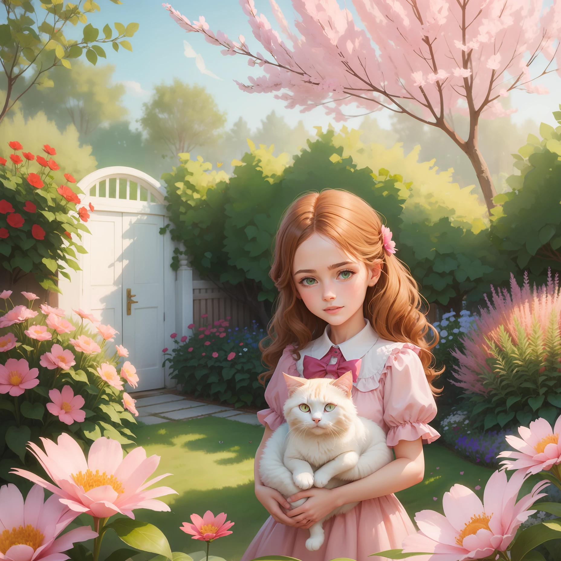 Garden with three girls and cat and butterfly
