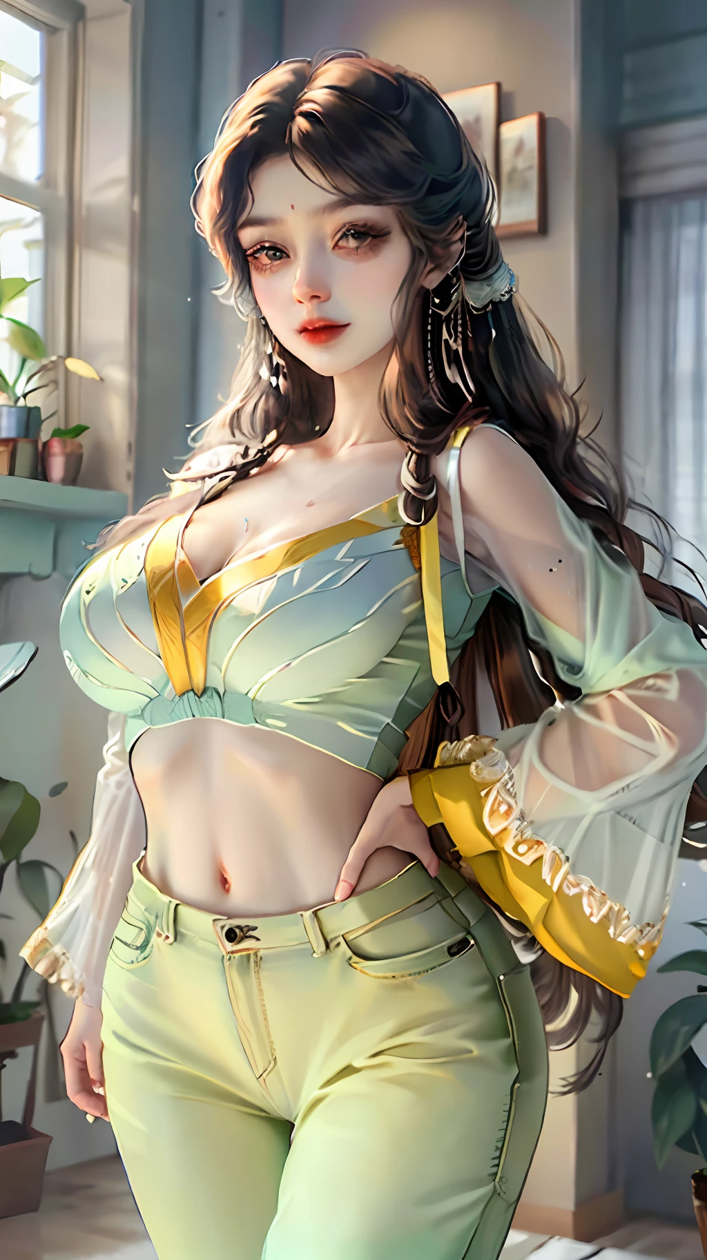 (masterpiece)), ((best quality)), (ultra-detailed), ((kawaii)), cute, (lovely), ((extremely detailed)), 4K, (8K), best quality, (beautiful),(((world-class quality))), extremely detailed, high resolution, (detailed shaded pretty face), full body, ager, solo, (((gigantic breasts))), (((sagging breasts))), spring_costume, brown sweater, sweater, ribbed_sweater, long_sleeves, white_pants,