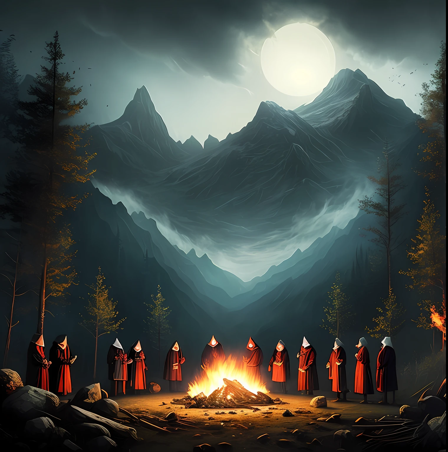 Satanic ritual in forest, hooded people in circle, macabre monster, hazy background, realistic epic, rutkowski, hdr, intricate details, hyperdetailed, cinematic, rim light, muted colors: 1.2, dark fantasy, dark sky, with dark mountains in the background, dark atmosphere, fear, horror, torches of fire, red, dark forest, night