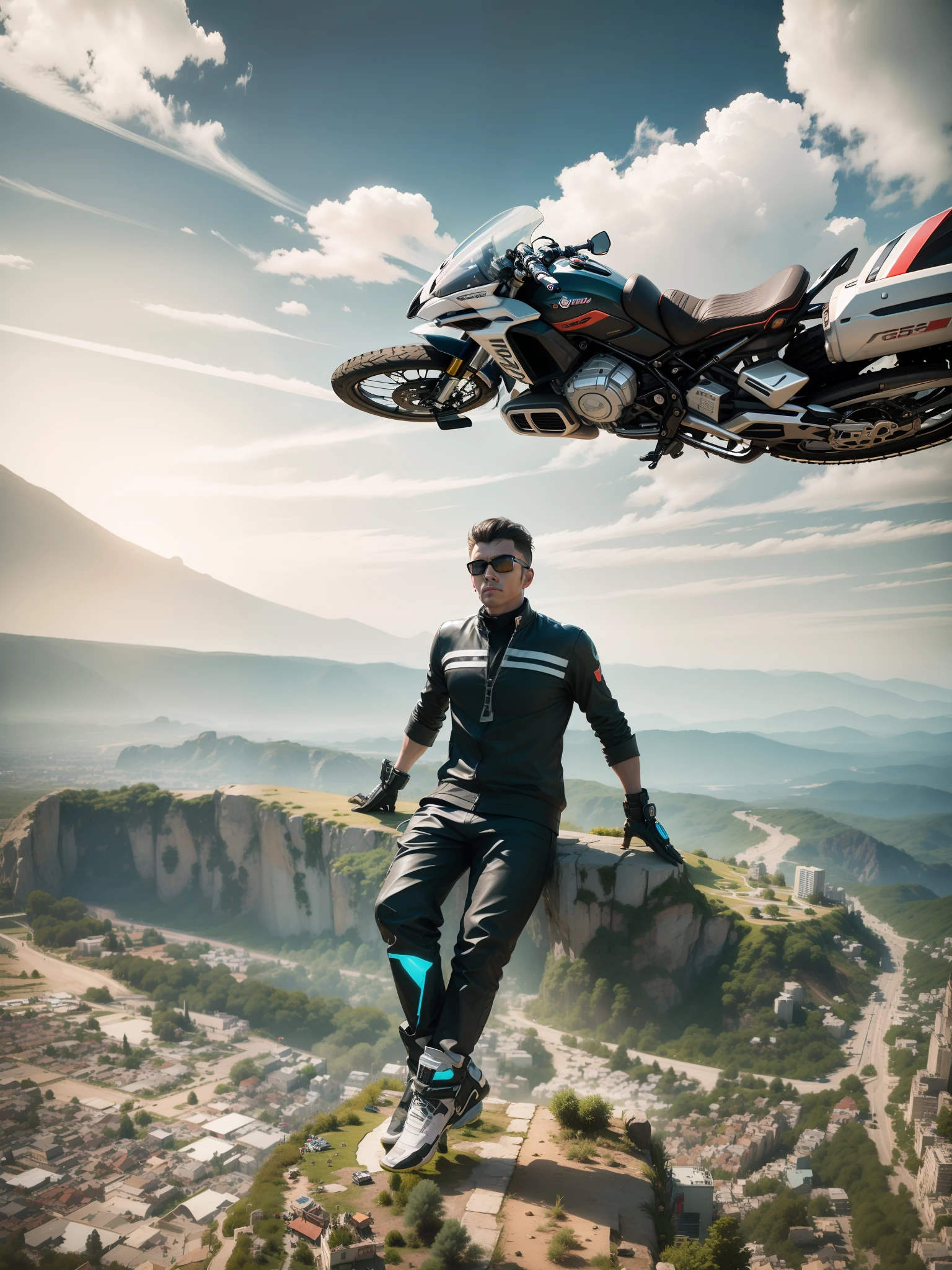 Change background to cyberpunk city .. leaning on superbike BMW Gs1250 realistic face 3d