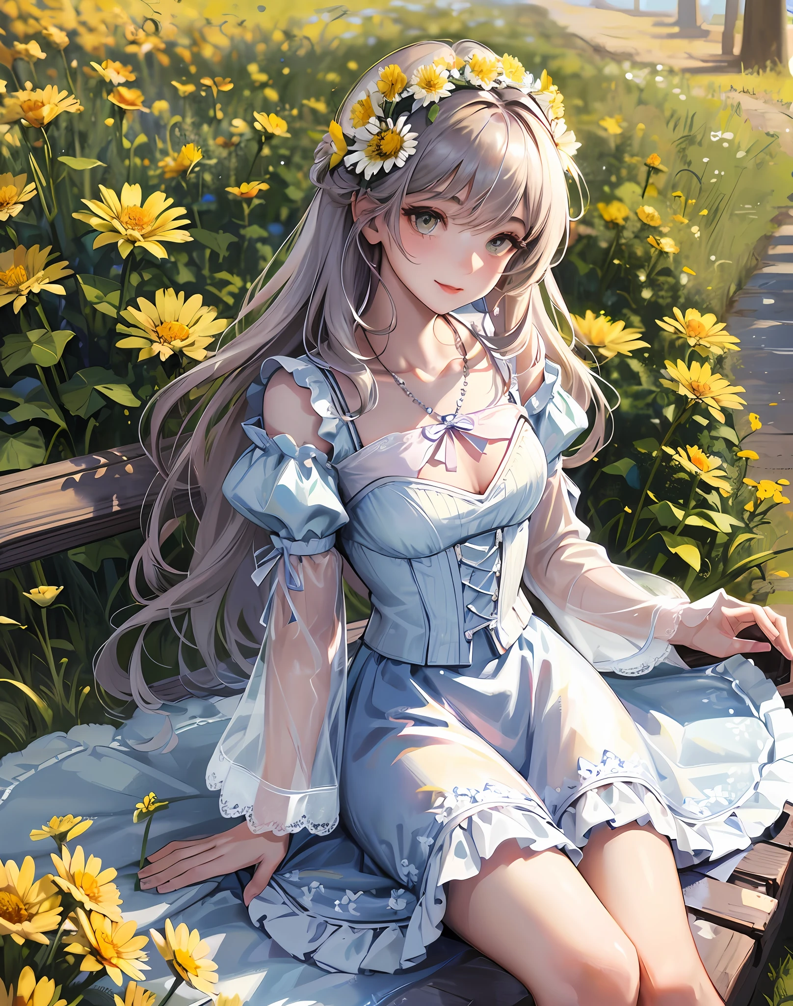 Best quality, masterpiece, high picture quality, 1 girl, blush, (seductive smile: 0.8), white top, lace trim, bow on chest, long blue skirt, lace on skirt, with ornaments, pink headband, long ribbon, necklace, beautiful face, On the bench of the path, both sides are full of flowers, yellow chrysanthemums, red flowers, green grass, spring, white clouds, full body, intense light and shadow, photographic effects, realistic, , edge lighting, two-tone lighting, (high detail skin: 1.2), 8k ultra high definition, DSLR, Soft Lighting, High Quality, Volume Lighting, Capture, Photo, High Resolution, 4K, 8K,