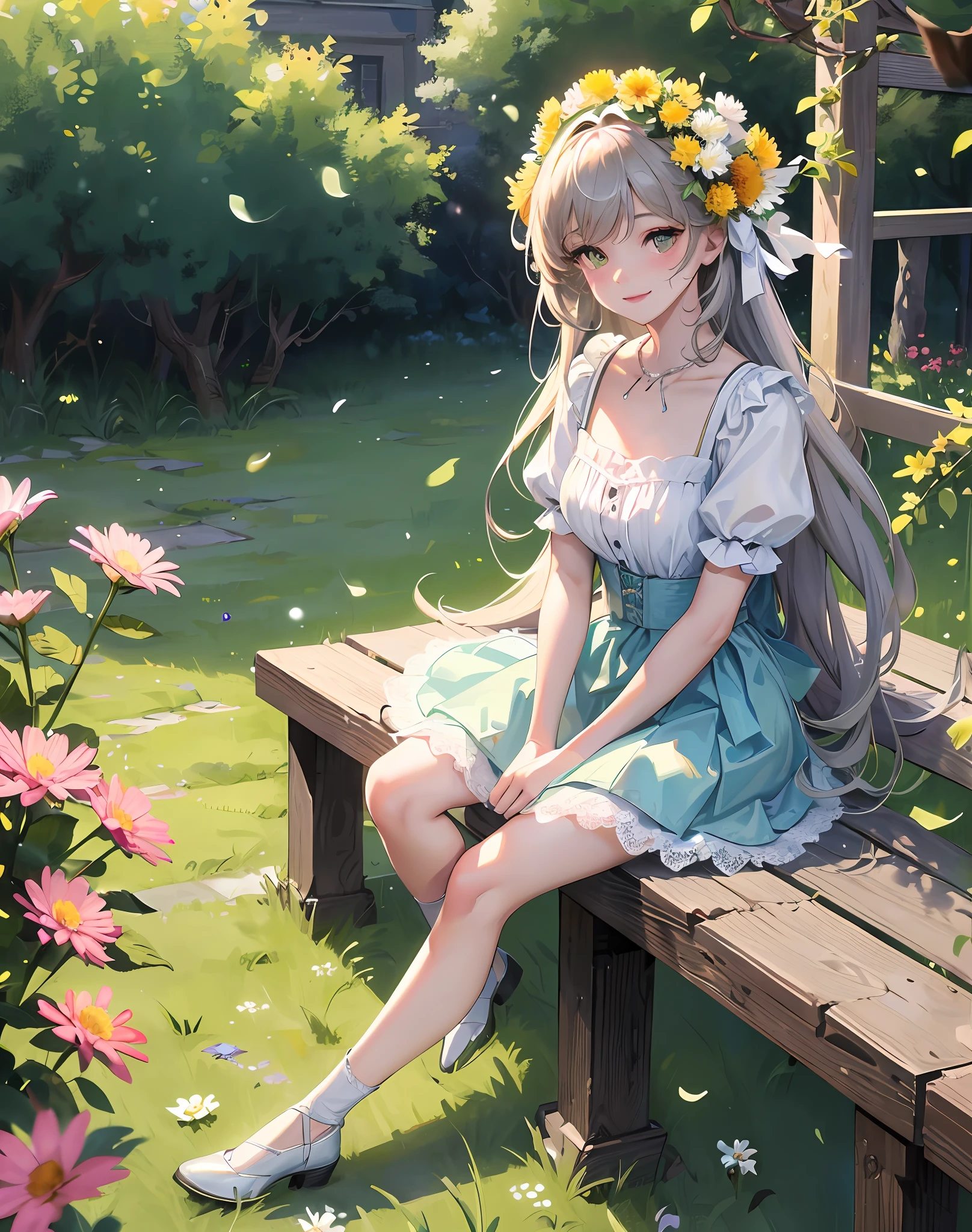 Best quality, masterpiece, high picture quality, 1 girl, blush, (seductive smile: 0.8), white top, lace trim, bow on chest, long blue skirt, lace on skirt, with ornaments, pink headband, long ribbon, necklace, beautiful face, On the bench of the path, both sides are full of flowers, yellow chrysanthemums, red flowers, green grass, spring, white clouds, full body, intense light and shadow, photographic effects, realistic, , edge lighting, two-tone lighting, (high detail skin: 1.2), 8k ultra high definition, DSLR, Soft Lighting, High Quality, Volume Lighting, Capture, Photo, High Resolution, 4K, 8K,