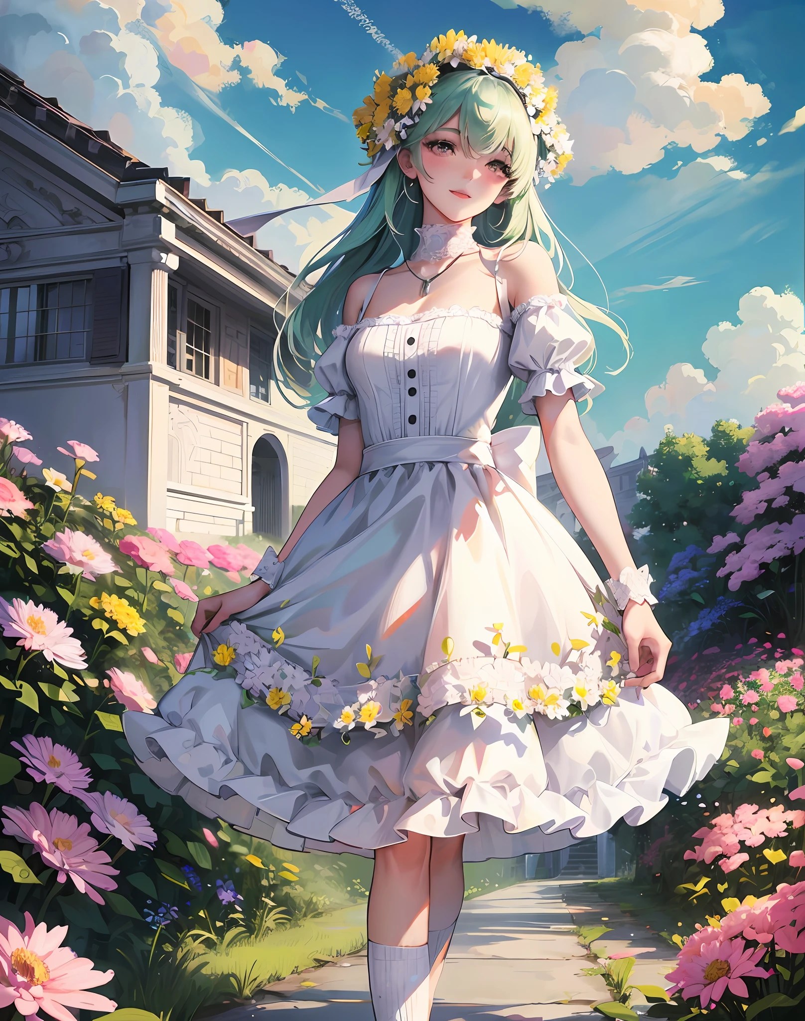 Best quality, masterpiece, high picture quality, 1 girl, blush, (seductive smile: 0.8), white top, lace trim, bow on chest, long blue skirt, lace on skirt, with ornaments, pink headband, long ribbon, necklace, beautiful face, On the bench of the path, both sides are full of flowers, yellow chrysanthemums, red flowers, green grass, spring, white clouds, full body, intense light and shadow, photographic effects, realistic, , edge lighting, two-tone lighting, (high detail skin: 1.2), 8k ultra high definition, DSLR, Soft Lighting, High Quality, Volume Lighting, Capture, Photo, High Resolution, 4K, 8K,