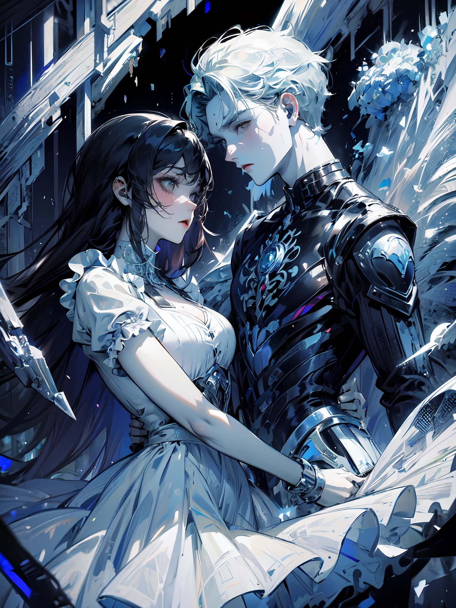 (romantic relationship between 1girl and 1boy), [Yuri,sfv], (forbidden love), 2person : {1eldritch girl, 1monsterboy}, girl wearing white dress, boy wearing black armor, dynamic view, Vast angle,Cowboy shot, beautiful emphasizing on face and eyes, sweetly detailed,intricate scenery, Contrast,[limited palette[Rust,Silver,blood]],professional coloring,sumptuous artwork,artistic representation of devastation, twisted romantic aesthetic,(illustration,extremely precisely drawn:1.2), A high resolution,Best quality