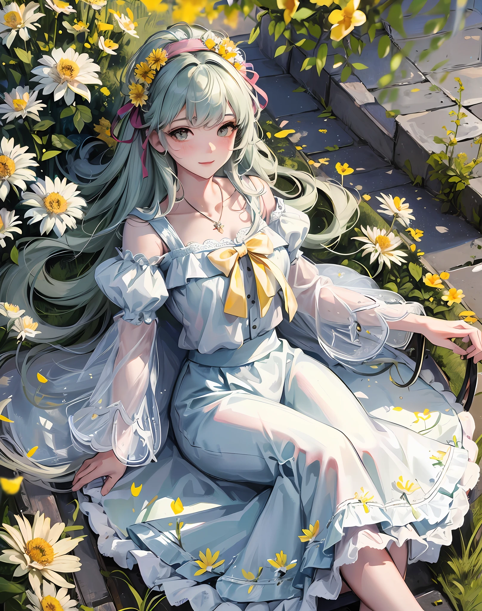 Best quality, masterpiece, high picture quality, 1 girl, blush, (seductive smile: 0.8), white top, lace trim, bow on chest, long blue skirt, lace on skirt, with ornaments, pink headband, long ribbon, necklace, beautiful face, On the bench of the path, both sides are full of flowers, yellow chrysanthemums, red flowers, green grass, spring, white clouds, full body, intense light and shadow, photographic effects, realistic, , edge lighting, two-tone lighting, (high detail skin: 1.2), 8k ultra high definition, DSLR, Soft Lighting, High Quality, Volume Lighting, Capture, Photo, High Resolution, 4K, 8K,