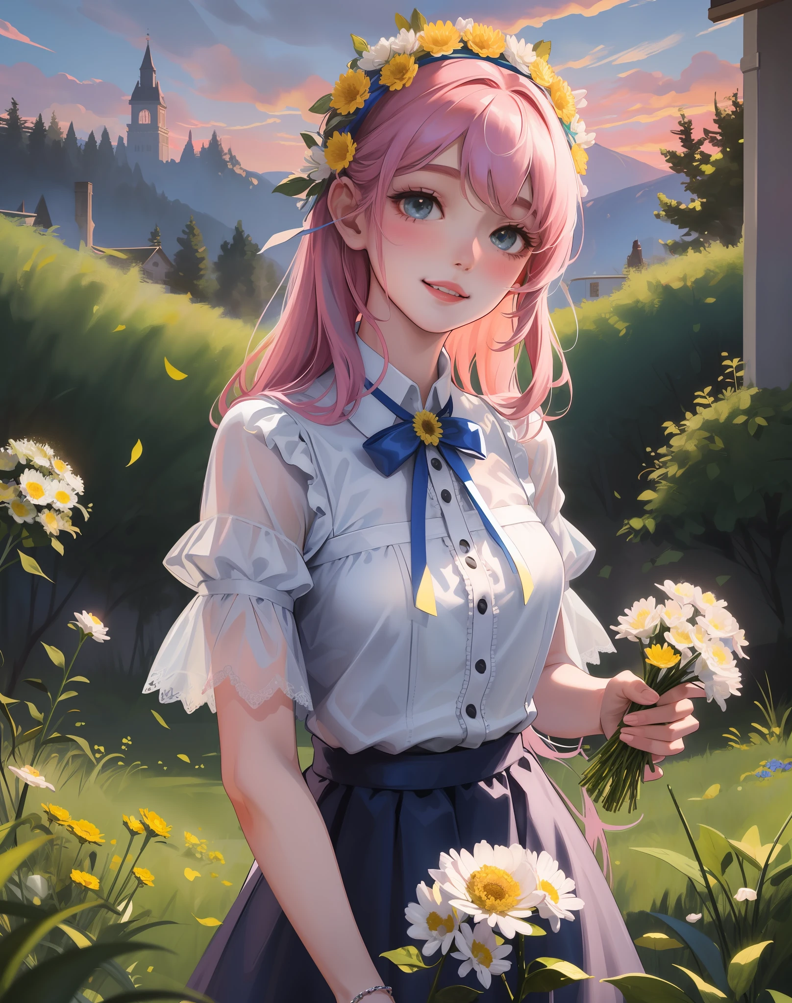 Best quality, masterpiece, high image quality, 1 girl, blush, (seductive smile: 0.8), white top, lace trim, blue pleated skirt, lace on skirt, pink headband, long ribbon, beautiful face, smile, teeth, flowers blooming on both sides, yellow chrysanthemum, red flower, green grass, spring, white cloud, full body, intense light and shadow, photographic effect, realistic, edge lighting, two-tone lighting, (high detail skin: 1.2), 8k ultra high definition, DSLR, soft lighting, high quality, Volumetric lighting, capture, photo, high resolution, 4k, 8k,