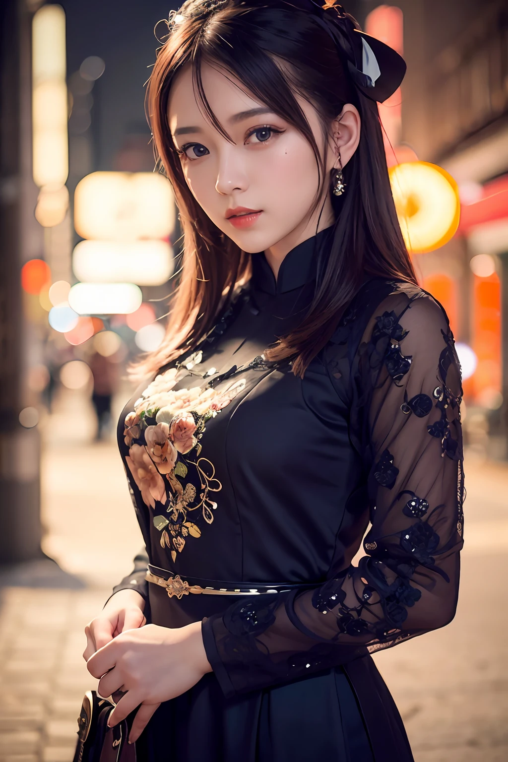 a beautiful girl in four-panel traditional dress viet nam, city nigth, masterpiece, best quality, realistic:1.3, street, cyberpunk, sunlight, backlighting, artstation, intricate details, vignette, city night, antique car, Hoi An