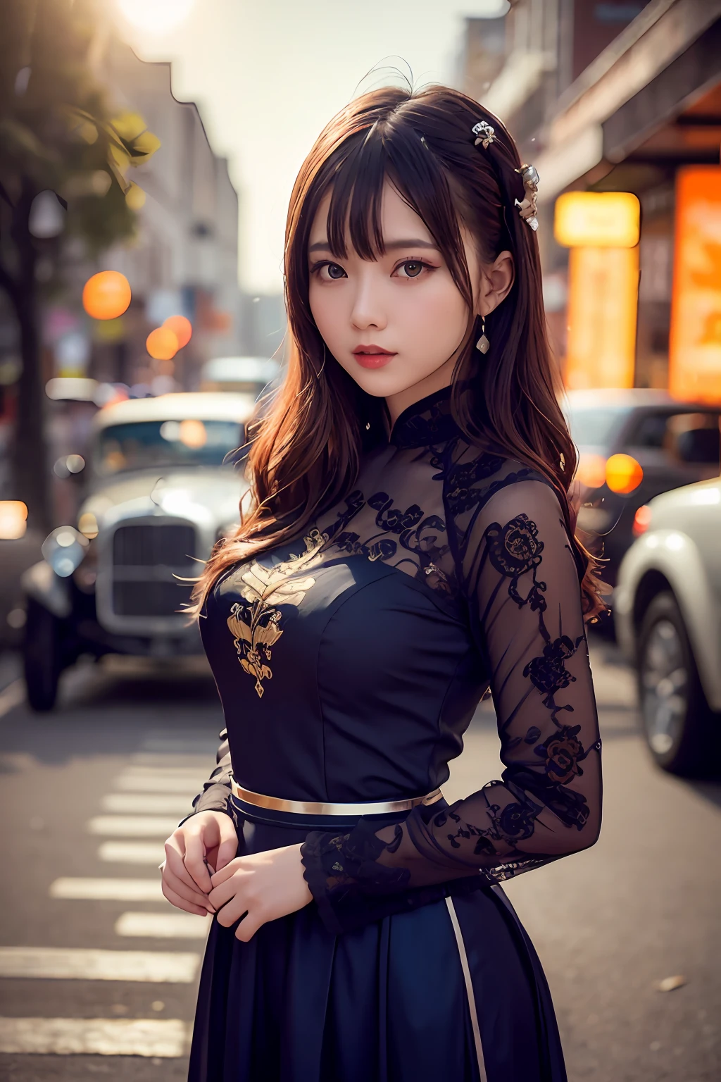 a beautiful girl in four-panel traditional dress viet nam, city nigth, masterpiece, best quality, realistic:1.3, street, cyberpunk, sunlight, backlighting, artstation, intricate details, vignette, city night, antique car, Hoi An