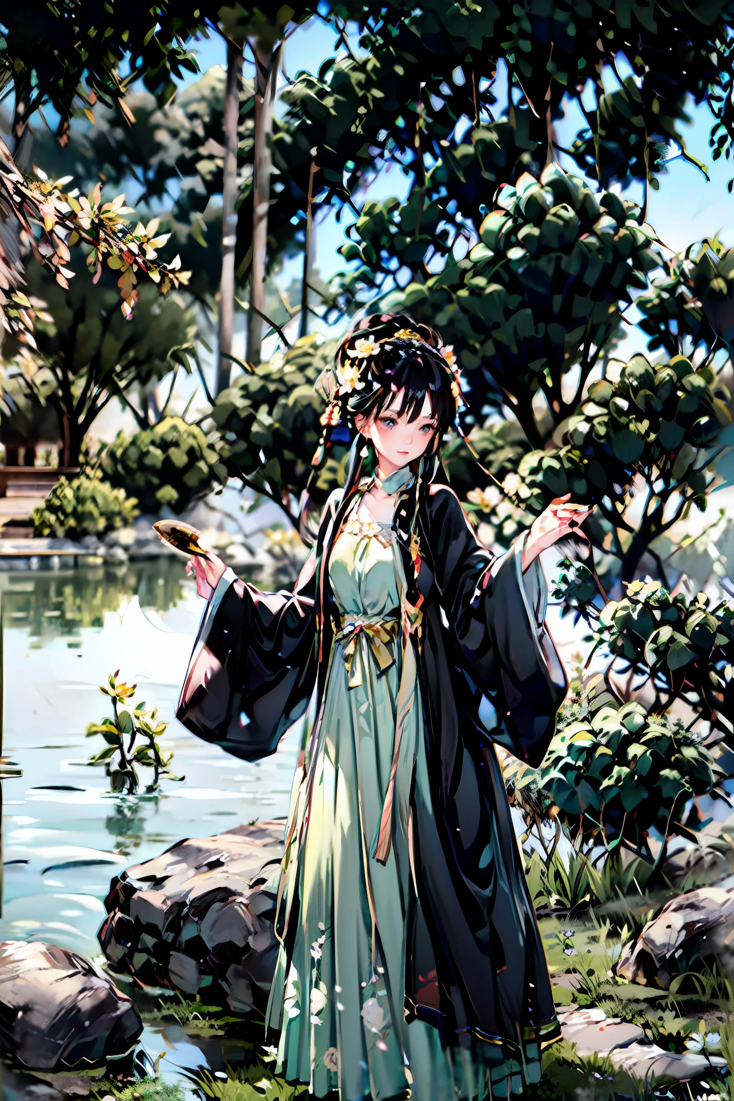 Willow trees, both sides of the lake, swan, lotus flowers, gazebo, a beautiful girl, perfect face, standing, look far
