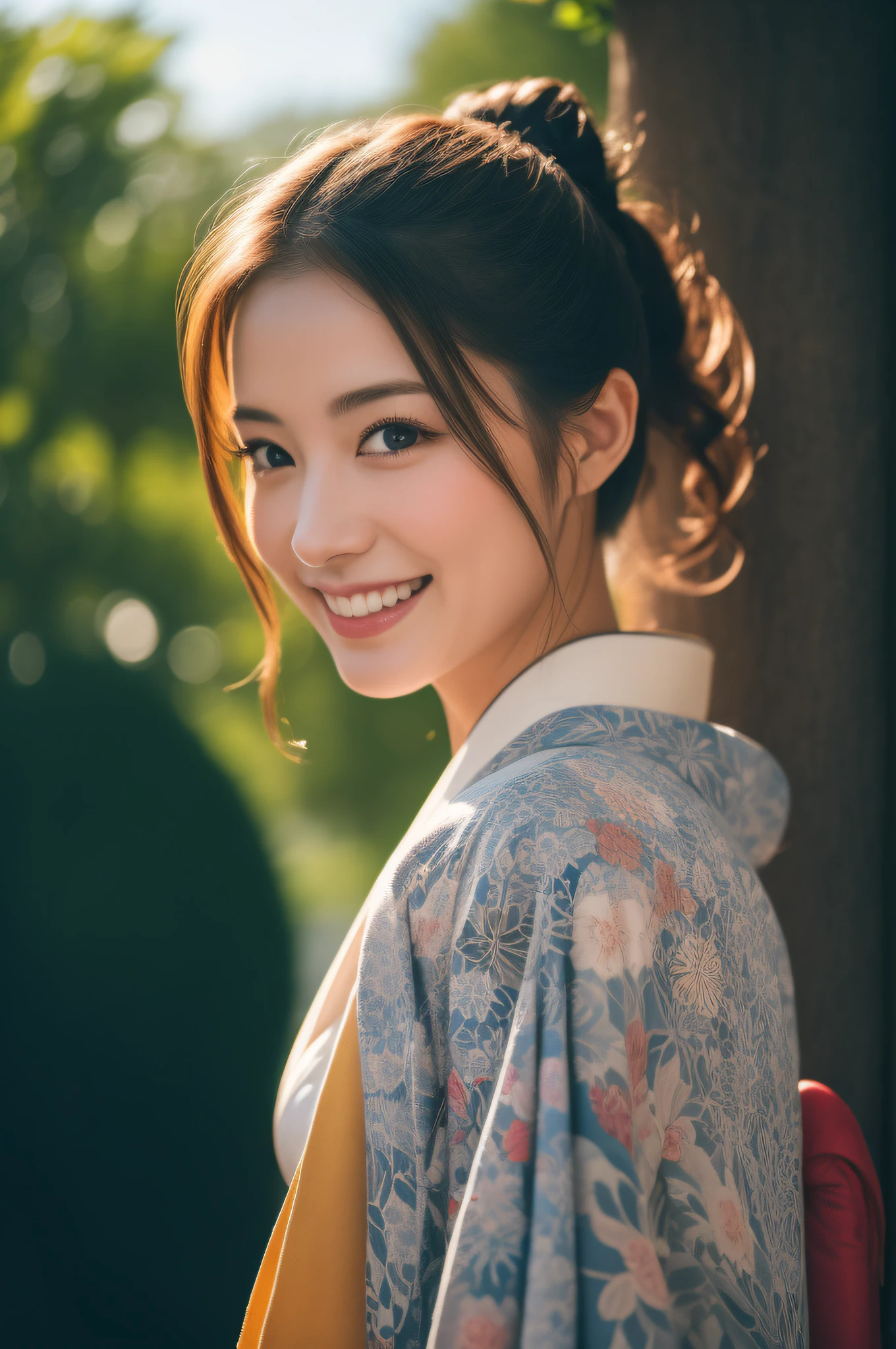 (Kimono、colourfull)、a smile、beste-Qualit、a beautiful female、photo- realistic、(and intricate detailing:1.2)、(delicate detail)、(ciinematic light、best quality backlight)、Clear Line、 Unity 8k Wallpapers、ultra-high-resolution、(photo- realistic:1.4)、The background is Kinkakuji Temple