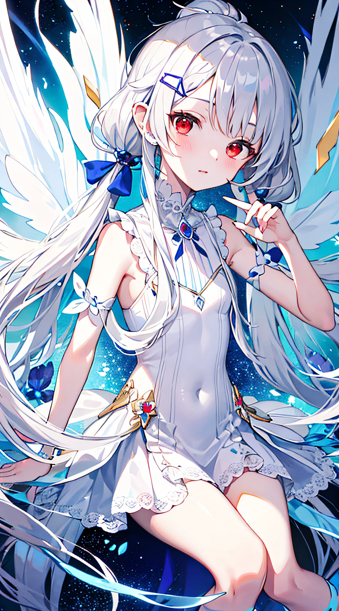 巨作,HighestQuality,Flat style,offcial art,white theme,Extremely detailed illustration,Beautiful as a fairy,A delicate and beautiful girl,Silver hair:1.3,four ponytail,Long shot:1.3,Red eyes:1.3,Low Twin Tails:1.6,longbig ears,Soft pompom tail,The whole body image is breathtakingly beautiful。