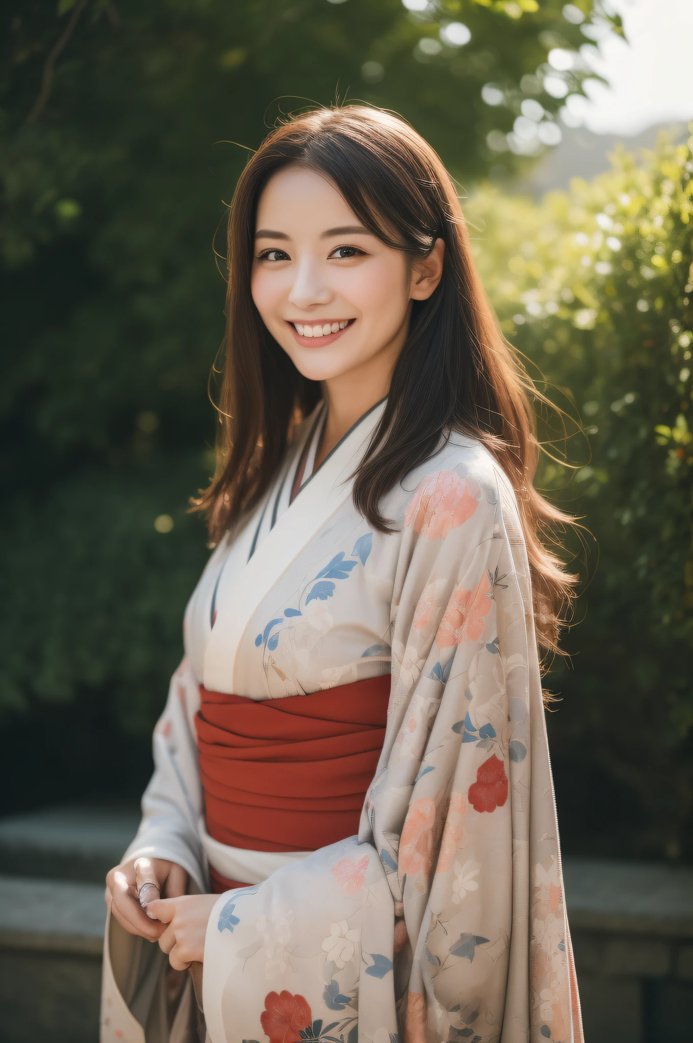 (Kimono、colourfull)、a smile、beste-Qualit、a  beautiful female、photo- realistic、(and intricate detailing:1.2)、(delicate detail)、(ciinematic light、best quality backlight)、Clear Line、 Unity 8k Wallpapers、ultra-high-resolution、(photo- realistic:1.4)、The background is Kinkakuji Temple