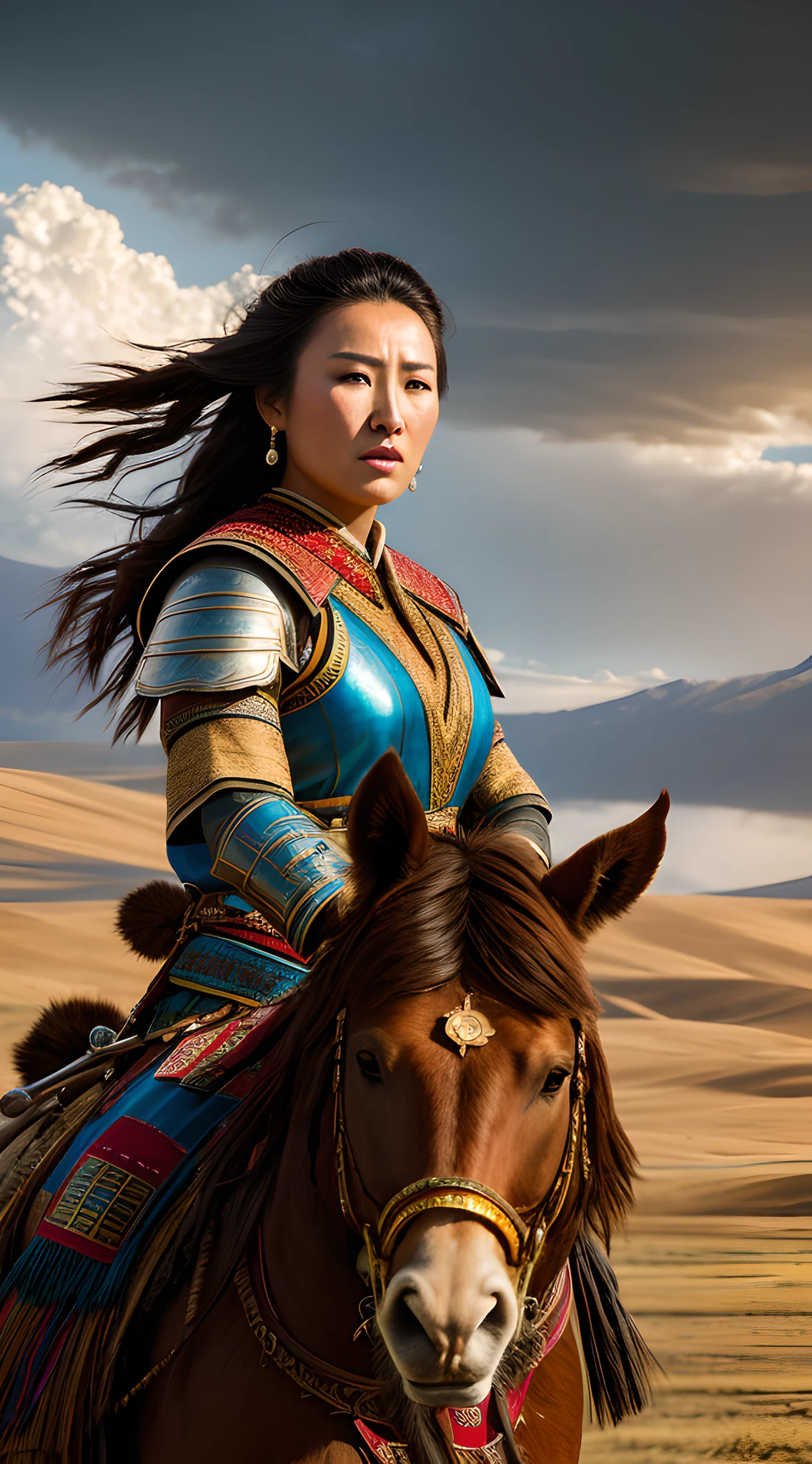 (masterpiece, 8K, UHD, realistic style, Greg Rutkowski:1.3), stunning warrior princess Khutulun, (traditional Mongolian warrior attire:1.2), wrestling, determined expression, against mighty Mongolian warrior, rugged steppe landscape, spectators in traditional attire, battle-scarred yurt, (dramatic sky:1.2), dust swirling, vibrant colors, extreme close-up, side view, capturing the clash.