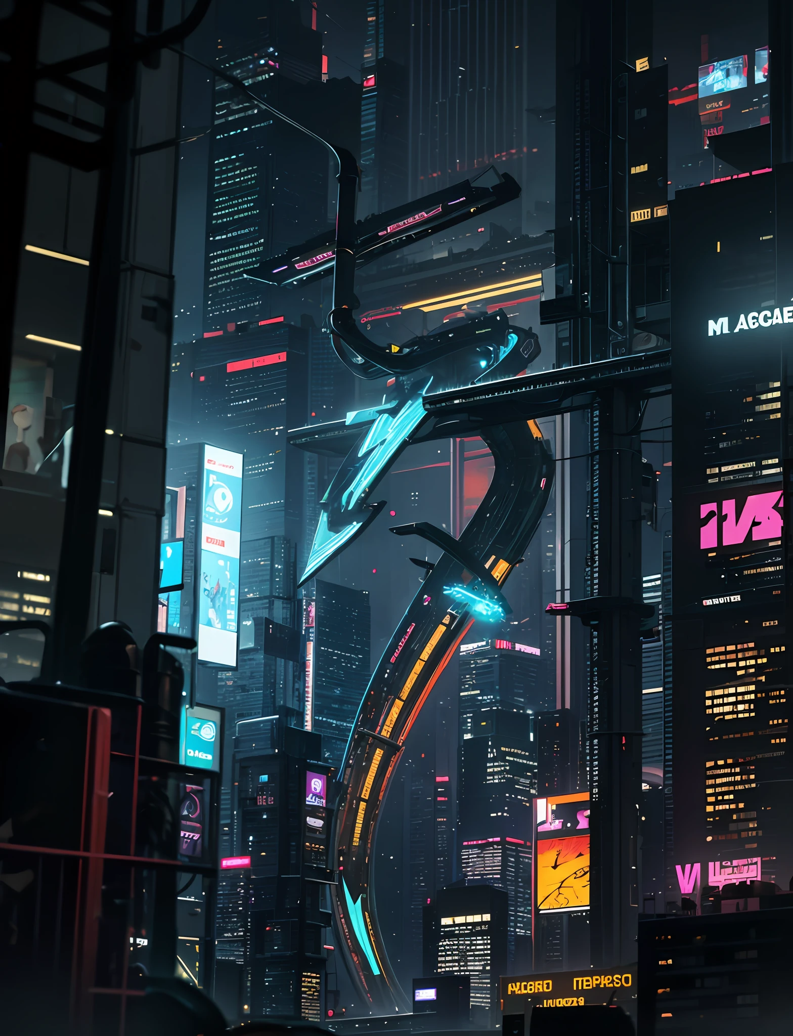 cyberpunk style, high tech, futuristic world, metropolis scene, mechanical transformation, digitalization, augmented reality, social issues, dark/low light effects, neon lights and shadows, dystopia, free will and control, corruption and injustice, technological elements, virtual reality, human-machine fusion, data flow and code, urban transportation, artificial intelligence, network and information security, masterpiece, ultra-detailed detail, 8K hd, highest quality