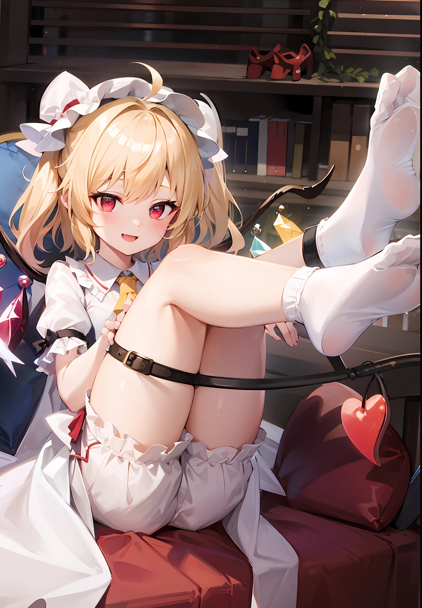 best quality, ultra high res, 1girl, solo, flandre scarlet, white soft hat, red hat bow, blonde hair, side ponytail, red eyes, shiny eyes, fang, red vest, short sleeves, puffy sleeves, yellow ascot, red frilled skirt, (crystal wings:1.2), bobby socks, mary janes, red shoes, laughing, ((evil smile)), looking at viewer, facing front, upper body, portrait,