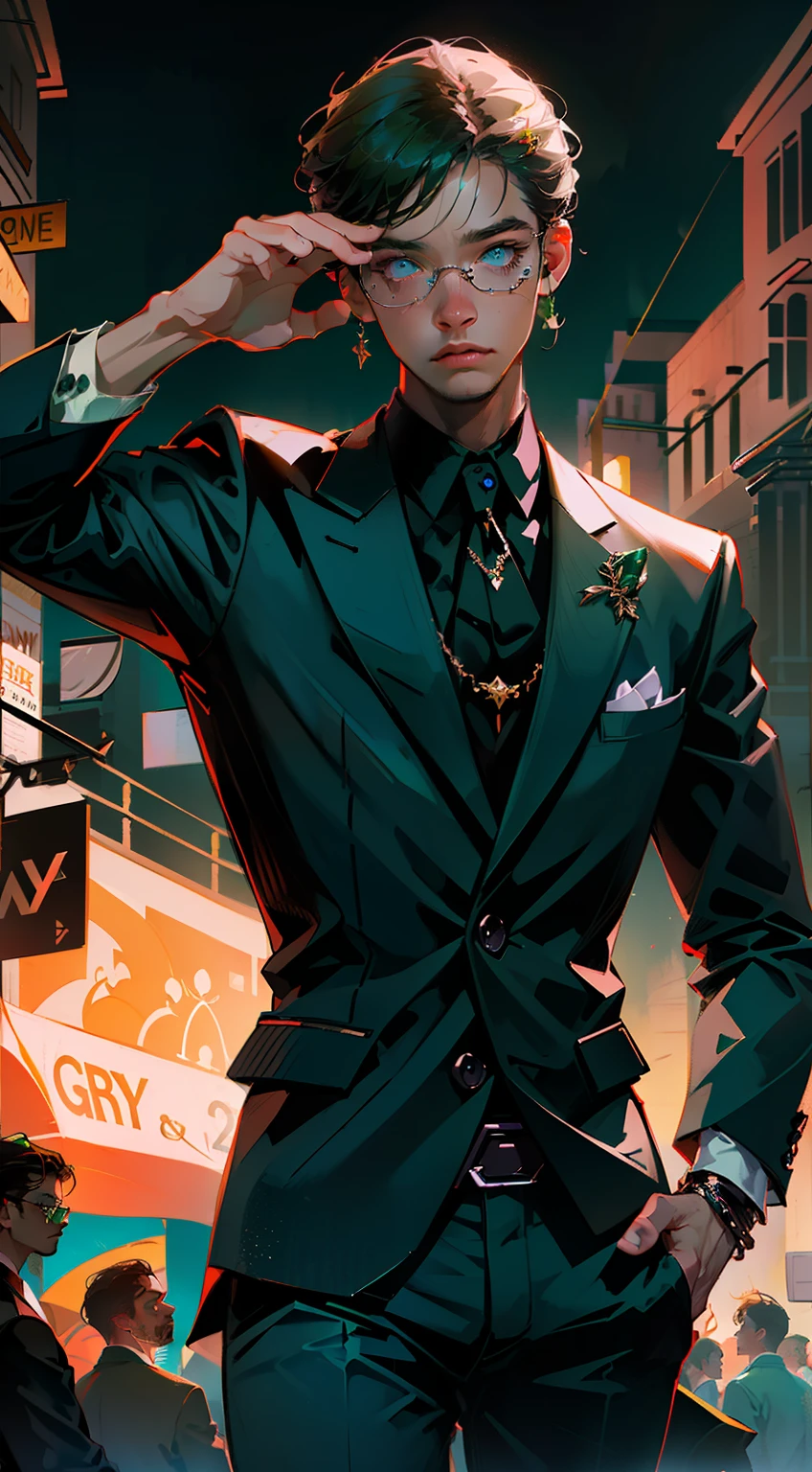 (high-quality illustration, masterpiece, best quality), handsome, cool boy, wearing glasses, (casual clothing + formal clothing:1.2), (blue eyes + green eyes:1.2), (dynamic pose:1.2), (bold lighting:1.1), (gray background + city night scene:1.2)