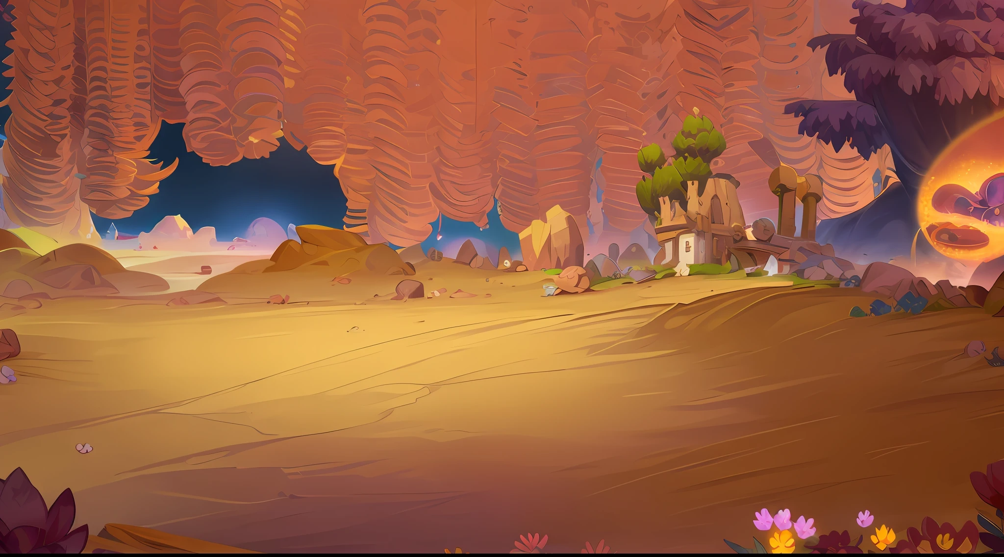 Game map design,cartoonish style,Desert theme、Faraway view、The middle view is a flat ground,Close-up,angle of depression,gameicon,Rochas,blossoms,masterpaintings,Epic composition,Best Quority,ultra-high-resolution,8K