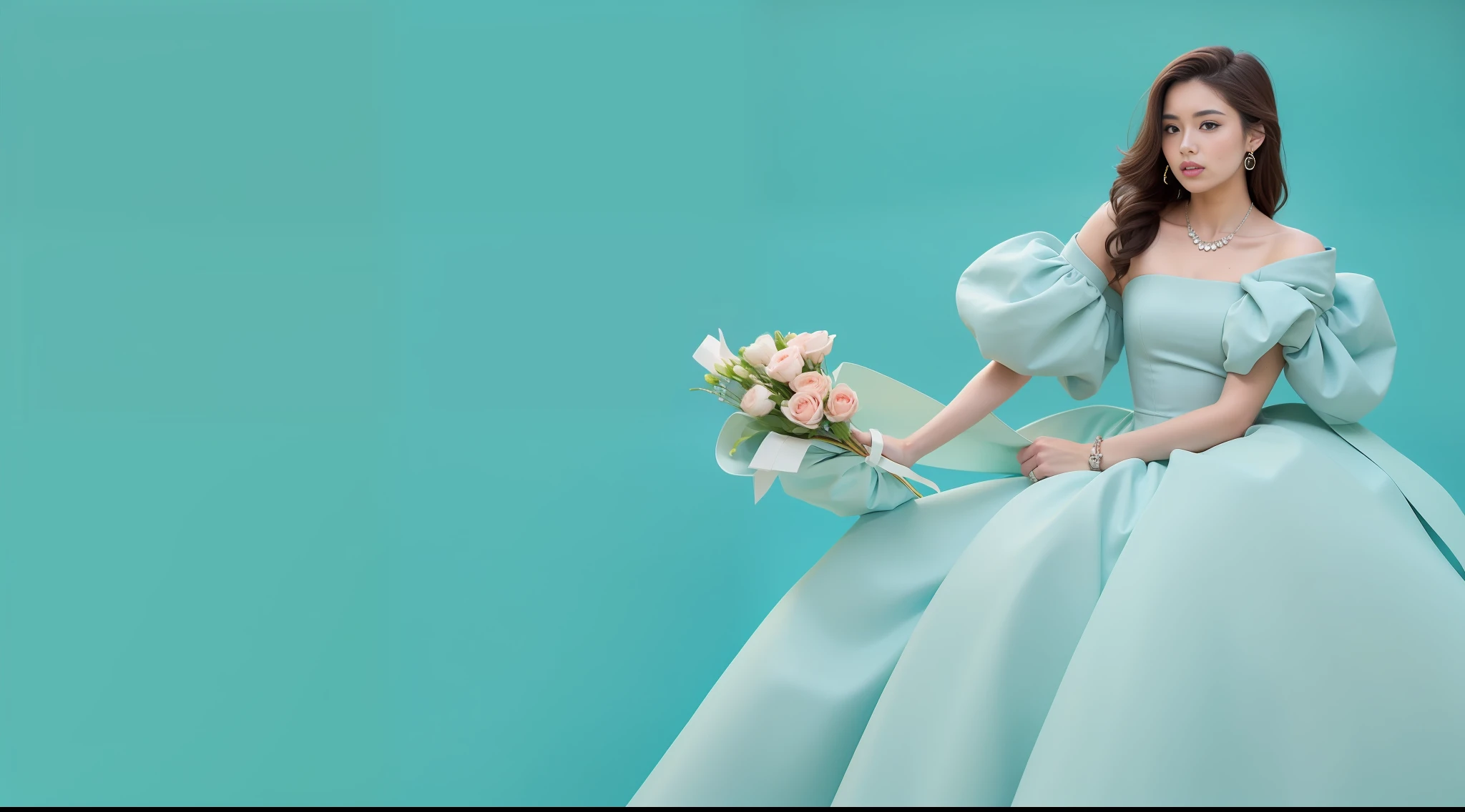 A noble temperamental beauty holding a bouquet of flowers, Facial details are exquisite，Dressed in Tiffany clothes, Tiffany blue pure photography background, Photo elegant digital art, tiffany style，Texture，the detail， hightquality