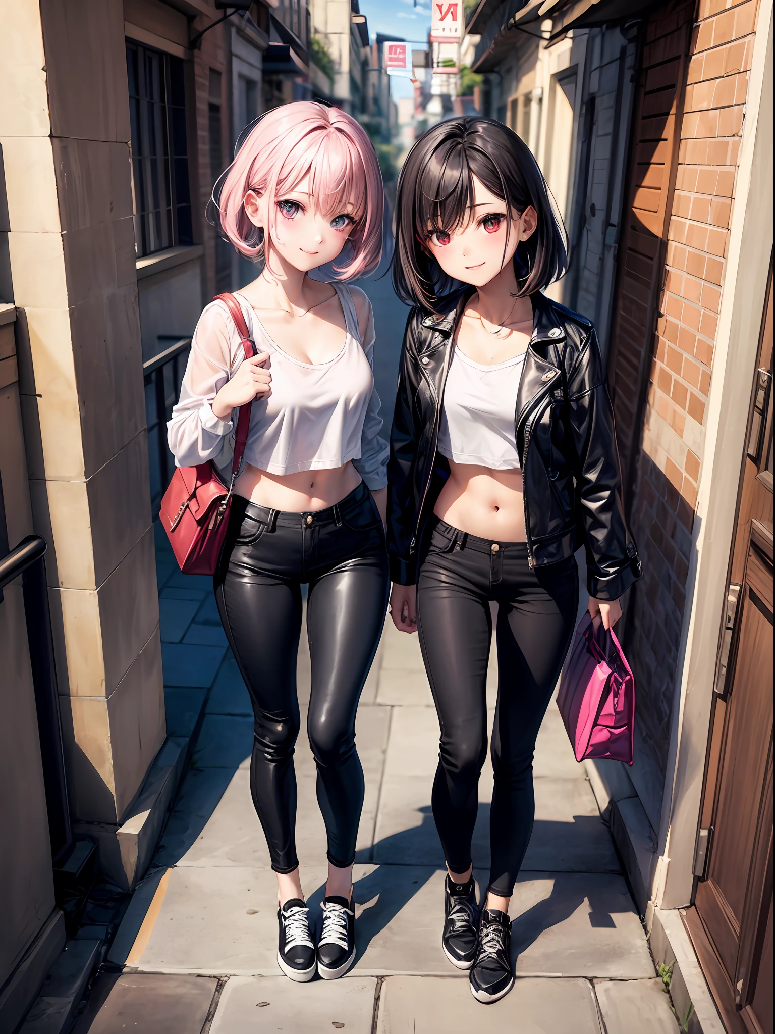 beste-Qualit、One girl、a smile、light-skinned、black-haired、Longhaire、wave、、Red eyes、Pink blush color under the eyes、Black top made of leather:1.6、Navel Ejection、Constriction、巨乳:1.5、Open chest:1.3、Black skinny pants、Black sneakers、body complet、Holding a small bag、beauty legs、nights、No people、walkway、View here、Angle from diagonally above、Background blur