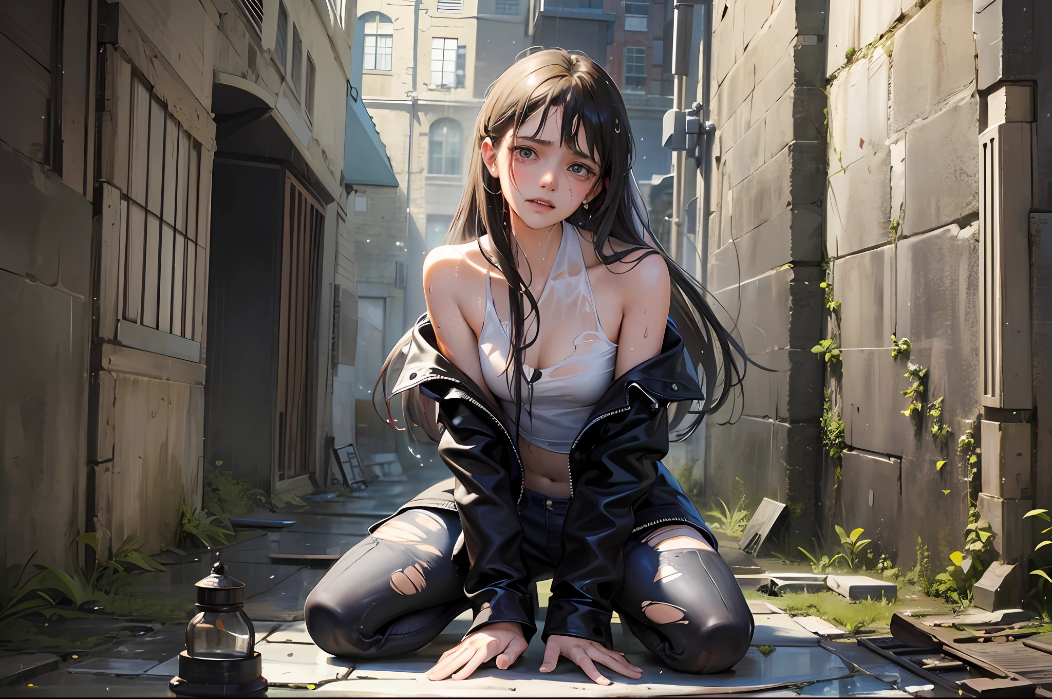 Handsome Long Haired Boy, Dim, Darkness, Lightning, Despair, Pathese, Movie, Tears, Teardrops, ((Men)), (Torn Clothes: 1.5), (Wet Clothes: 1.4), Looking at the ruins of a house, sad Kneeling on the Ground, Biting Lower Lip, Bare Shoulders, Real Rain, Wet Hair. Ruins and construction debris as background. Realistic Ray traicing. --auto --s2