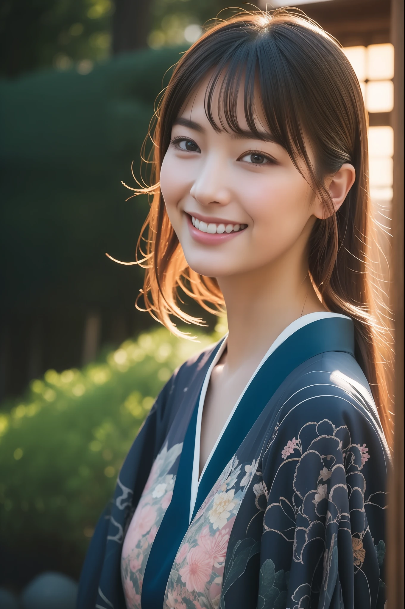 (Kimono、colourfull)、a smile、beste-Qualit、a  beautiful female、photo- realistic、(and intricate detailing:1.2)、(delicate detail)、(ciinematic light、best quality backlight)、Clear Line、 Unity 8k Wallpapers、ultra-high-resolution、(photo- realistic:1.4)、The background is Kinkakuji Temple