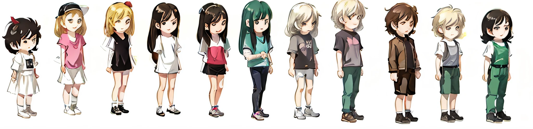a group of cartoon girls standing next to each other, style anime, girls frontline style, cute artistic style, ECCHI anime style, ecchi style, chibiStyle, Diverse outfits, Kantai collection style, Stylized anime, mihoyo art style, clothing design, Cute anime style, dressed with fluent clothes, style of maple story, style of anime, assorted poses --auto
