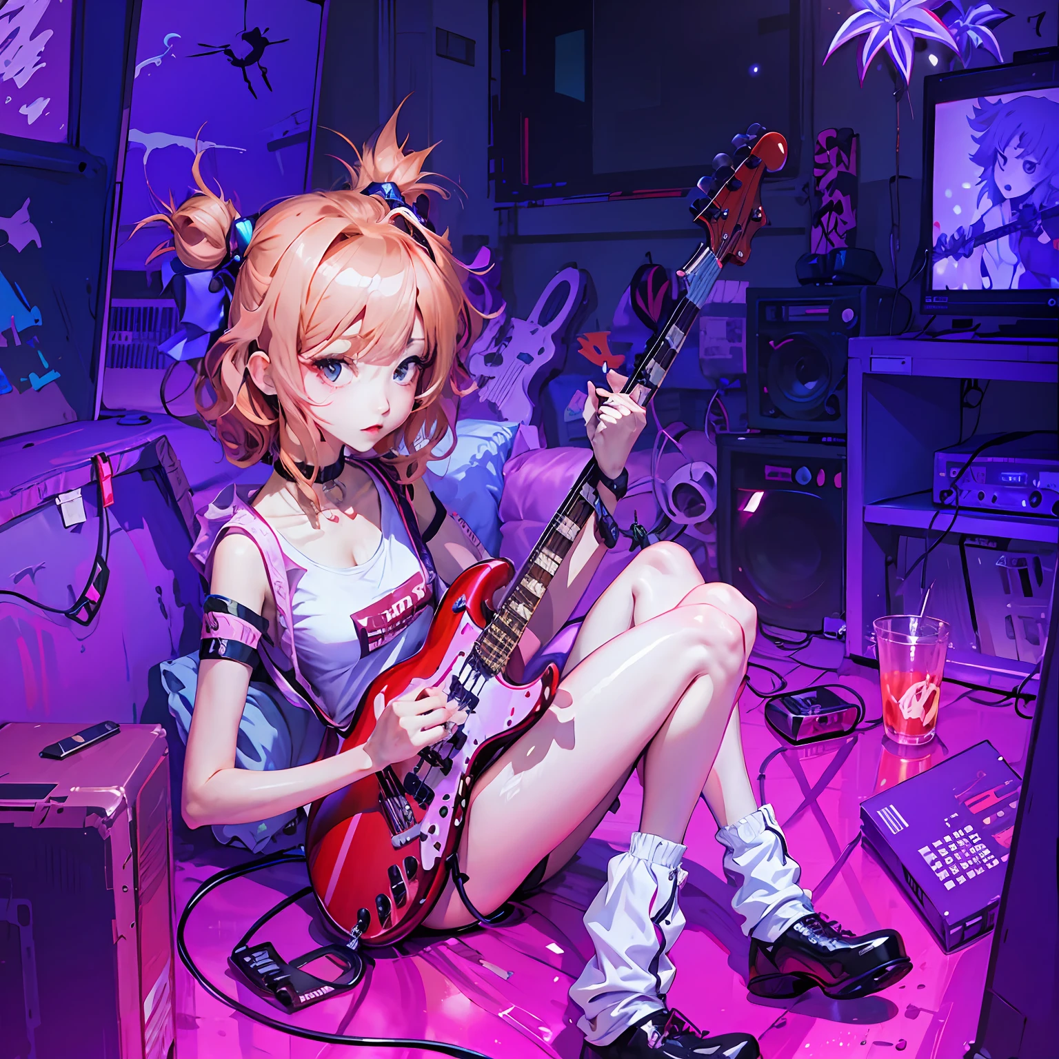 anime girl with a guitar in a room with a purple background, style of anime4 K, nightcore, splash art anime loli, anime moe art style, High Quality Anime Art Style, guitar solo, Best anime 4k konachan wallpaper, (animemanga girl), rocking out, Anime style illustration, 8 0 s anime vibe, Anime art wallpaper 8 K, anime vibes, Exquisite electric bass