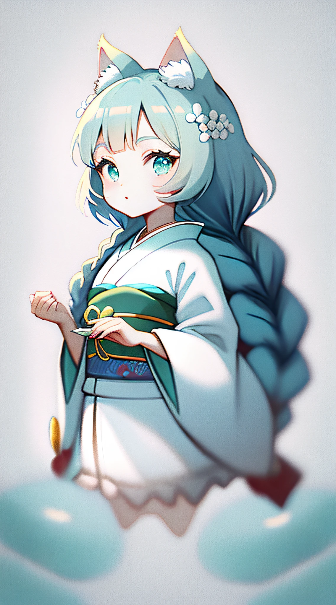 Tiffany Blue，chiquita，white backgroun，Small cat ears，Double braid，hight clarity，style of anime，Japan kimono，closeup of face