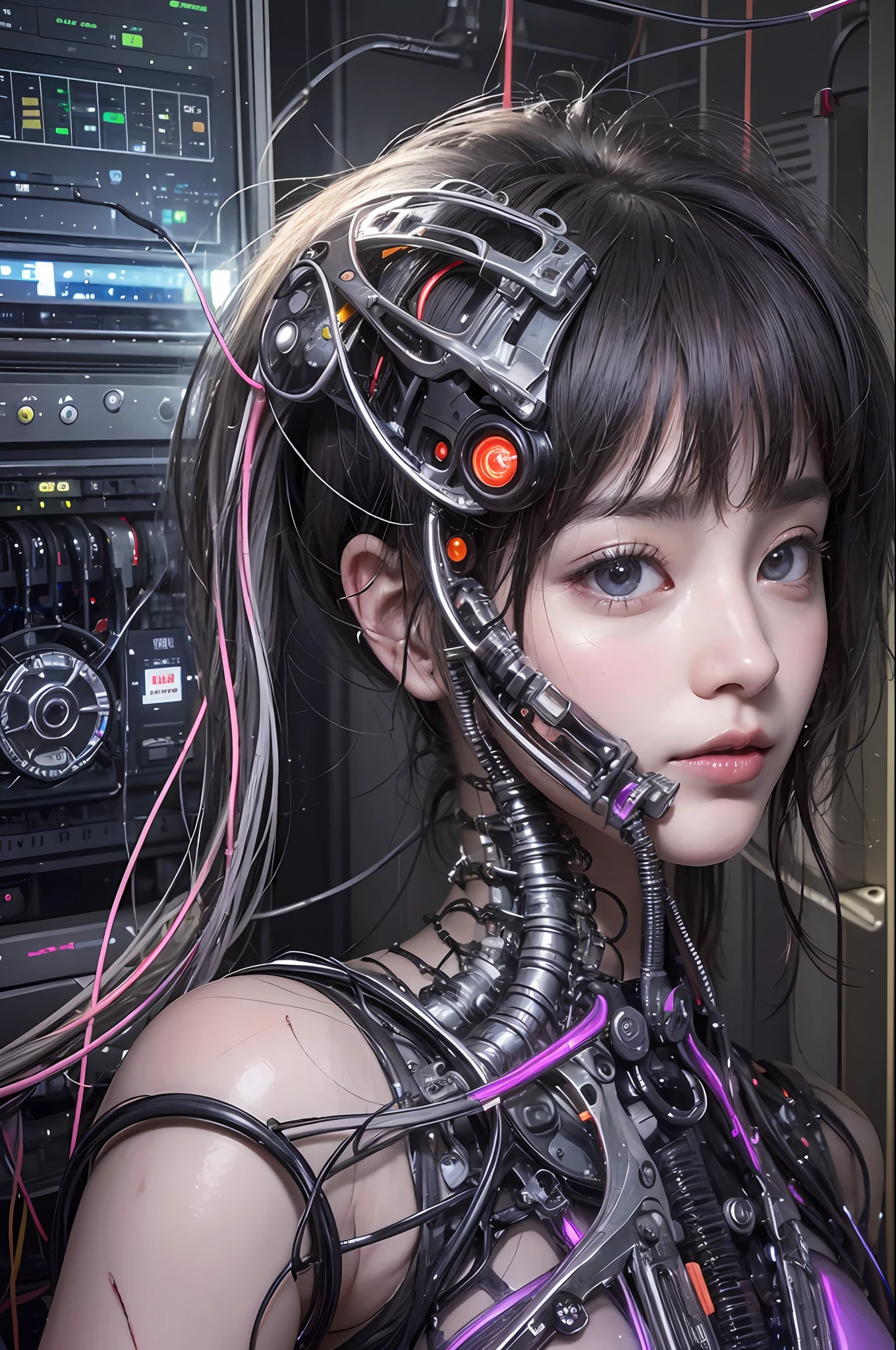 beste-Qualit、шедевр、ultra-high-resolution、(photo- realistic:1.4)、Raw photo、女の子1人、Black hair、glowy skin、Cyberpunk Suit、((hyper realistic detail))、portlate、Global Illumination、Shadow、octan render、in 8K、ultrasharp、巨乳、Raw skin is exposed in cleavage、metals、Details of complex ornaments、Gothloli details、Luminous tube、extremely intricate detail、Realistic light、CGSoation Trends、purple-eyed、radiant eyes、Facing the camera、neon details、Mechanical limbs、blood vessels connected to tubes、Mechanical vertebrae attached to the back、mechanical cervical attaching to neck、sitting on、Wires and cables connecting to the head、Small LED lamp、The background is the server room of the future、