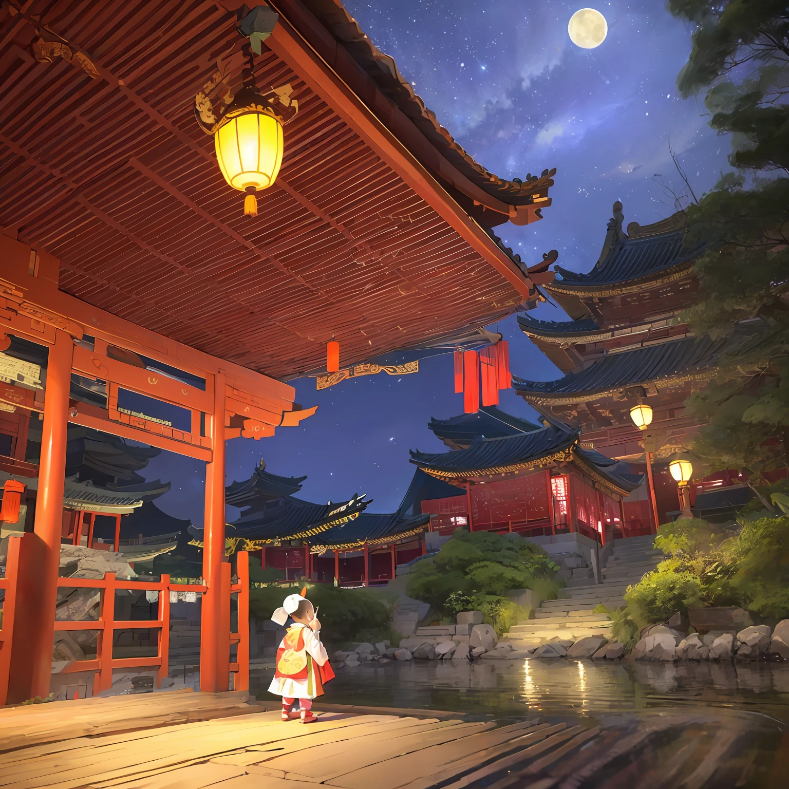 Q version ，A small monk standing in front of the wall，Happy little monk holding a glowing lotus fan，Next to them are glowing candles，The sky is full of stars overhead，The ground is full of stone roads， --auto