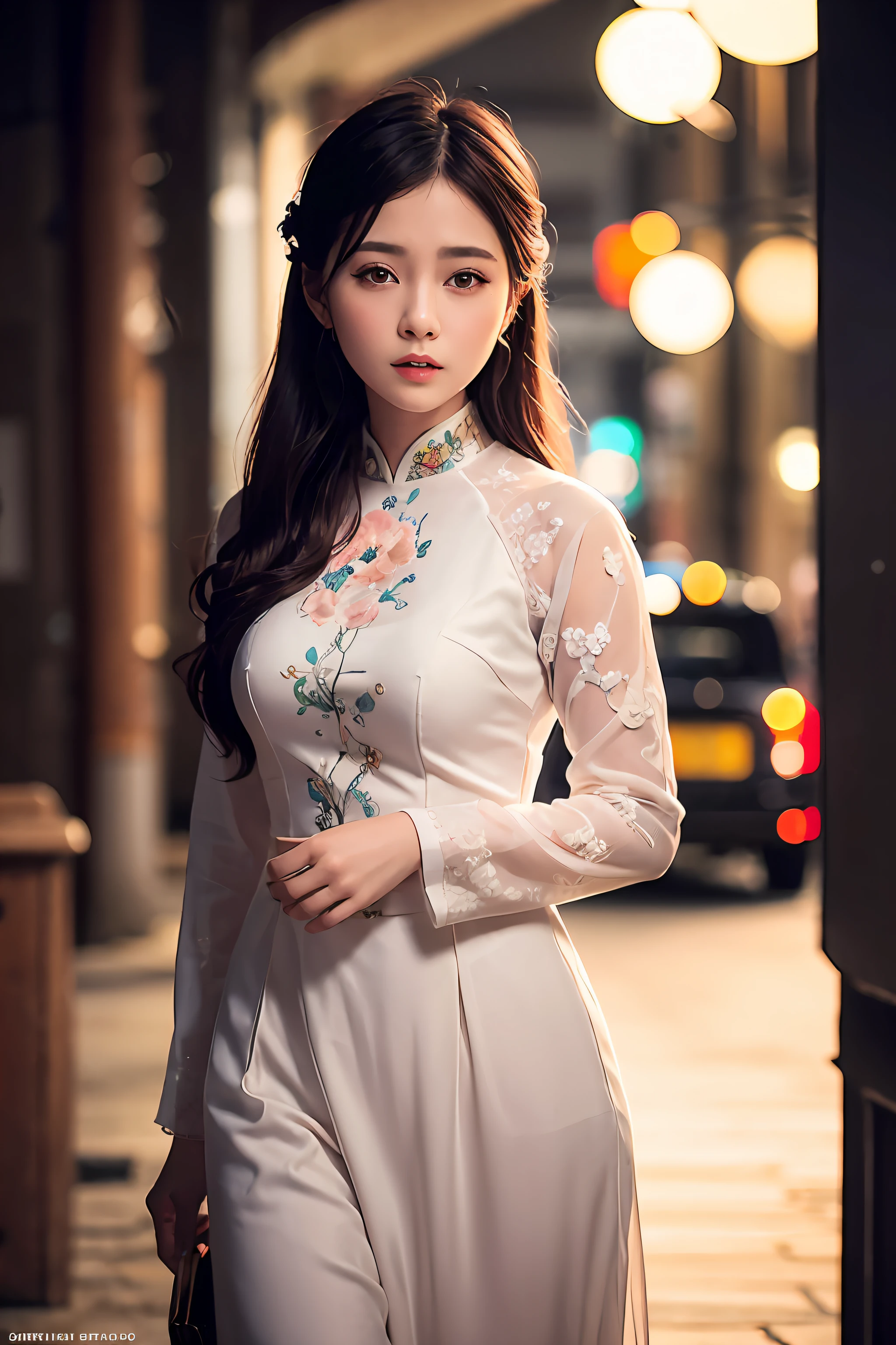 a beautiful girl in four-panel traditional dress viet nam, city nigth, masterpiece, best quality, realistic:1.3, street, cyberpunk, sunlight, backlighting, artstation, intricate details, vignette, city night, antique car, Hoi An