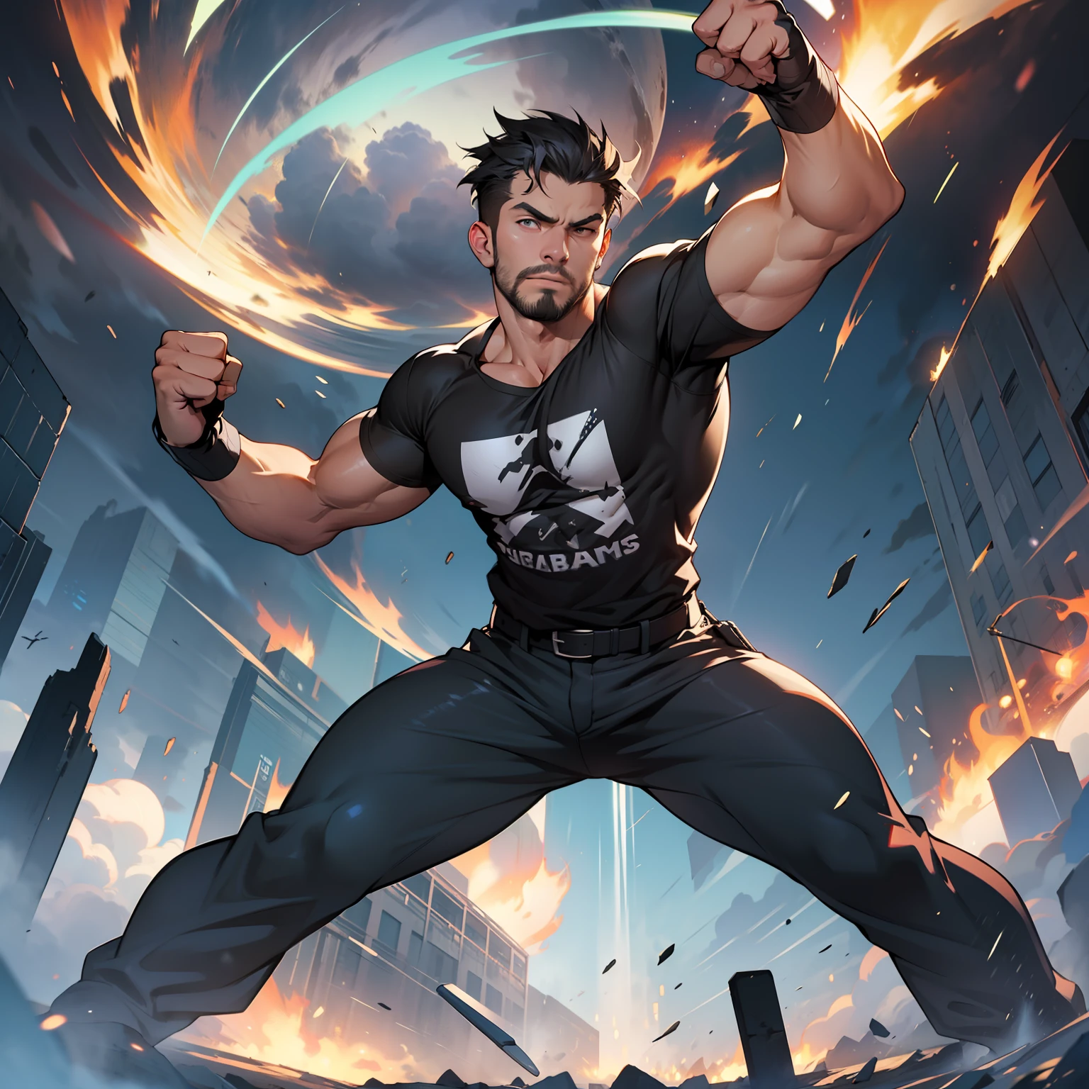 A man with an agile figure, black har,Wearing a black T-shirt,Being in the air,Clench your hands into fists,Bombard downward, from below, 8k, super detail, ccurate, best quality, masterpiece