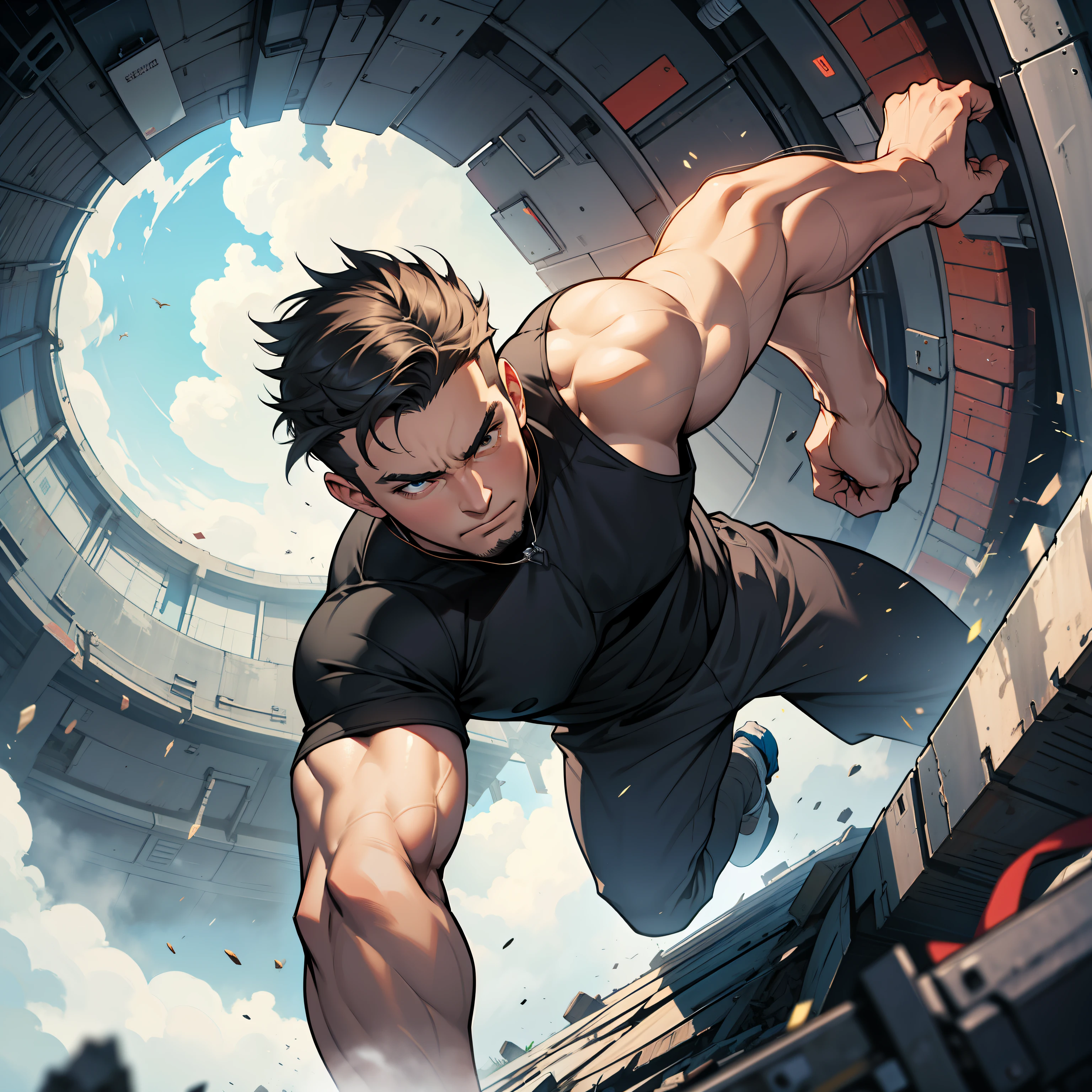 A man with an agile figure, black har,Wearing a black T-shirt,Being in the air,Clench your hands into fists,Bombard downward, from below, 8k, super detail, ccurate, best quality, masterpiece