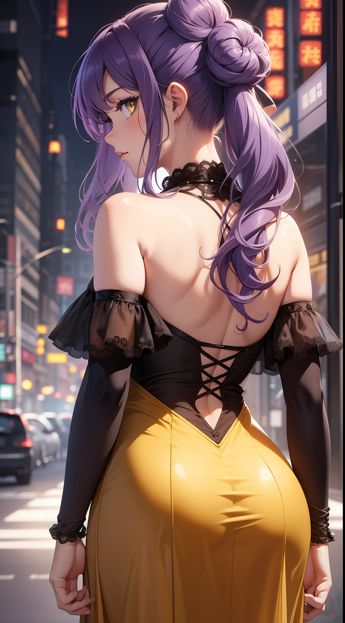 Young girl, Long curly purple hair, low ponytail, bun, yellow eyes, open purple drees, open shoulders, open back, standing back, look around, Masterpiece, high quality