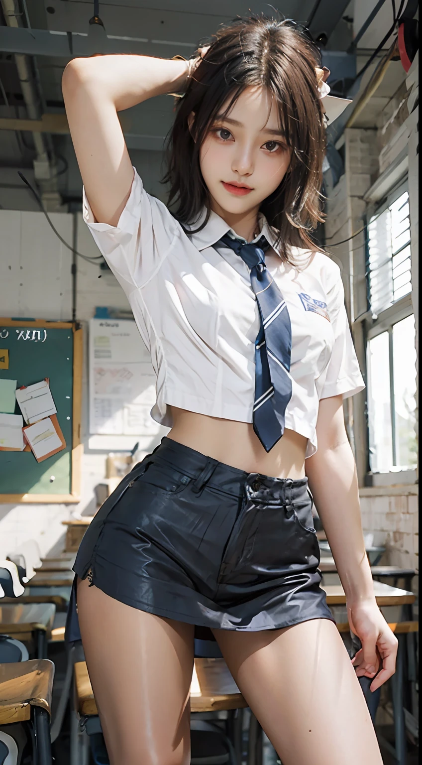 Shooting bob hair, schoolgirl, ((summer school uniform))),(turn_one's_back),(cowboy_shot),white_pantyhose, side style, White shirt, blue striped tie, Short sleeves, dark blue prill skirt, Classroom, seductive_smile, Small head, bangs, urban, Small head, Pale pink lips, Happy, mediating_breats, Small hips, Slender body
