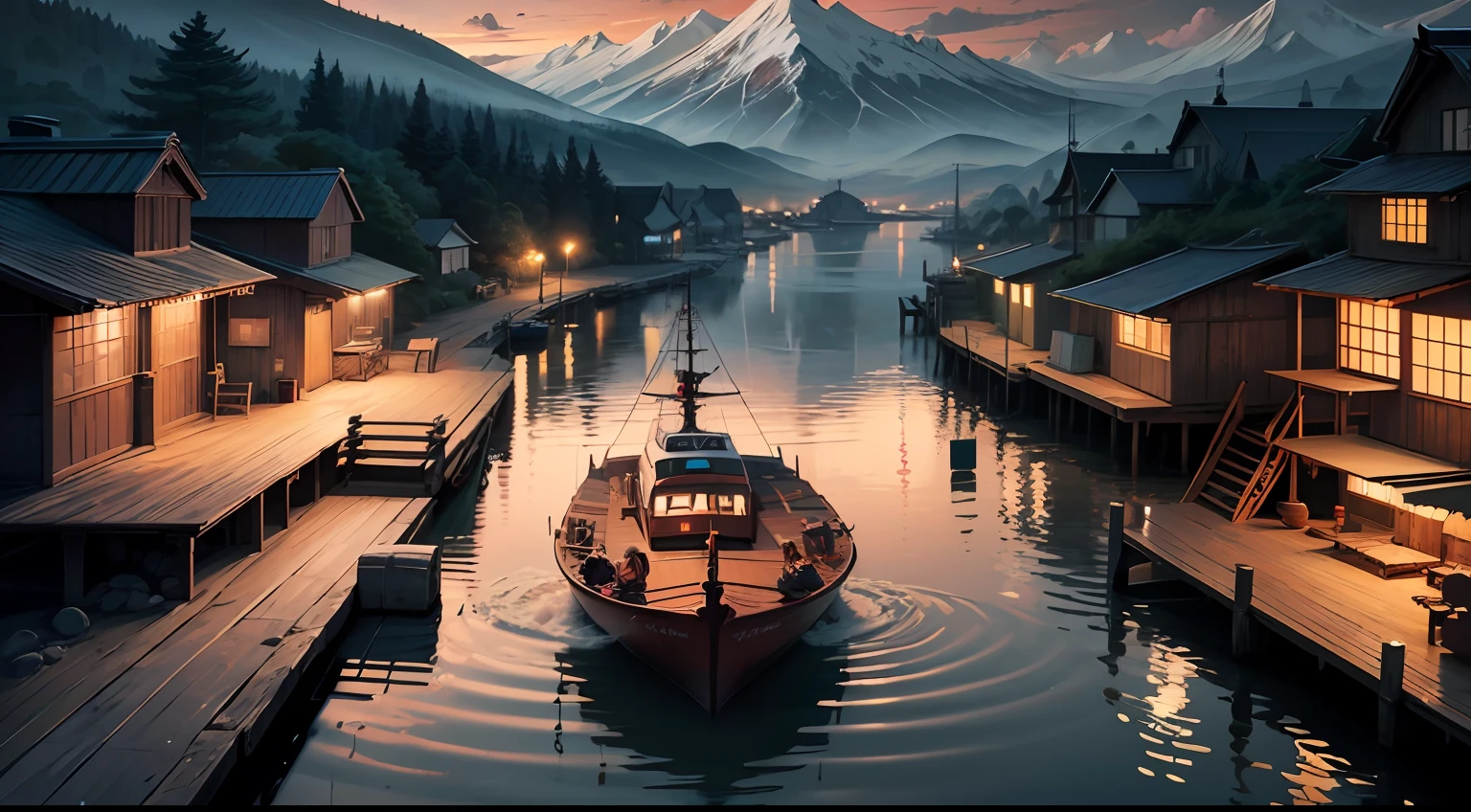 An exquisitely detailed digital painting rendered in the best quality, inspired by a vintage travel poster depicting a Japanese fishing port at dusk showcasing the area's natural beauty. " --auto