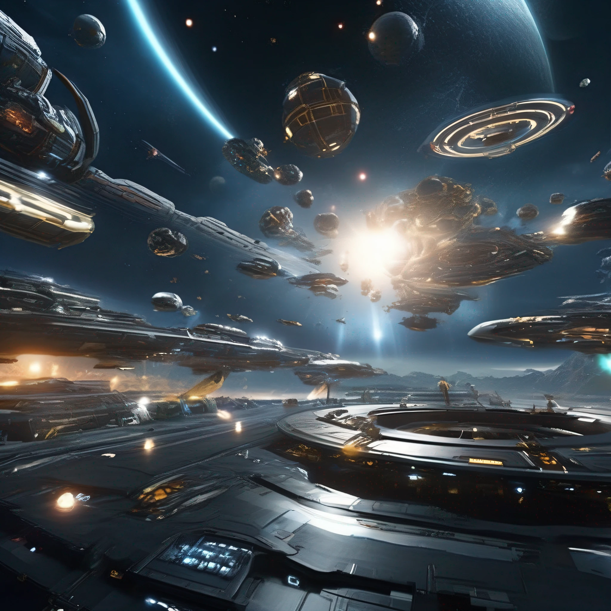 A large number of starships、sci-fi movie、A futuristic world、Science fiction universe space、Bank Starfield、Saturn ring、Tech shines、Light energy magnetic levitation、Quantum collision、Time travel、ultra high def、hyper-detailing,Faraway view、Lagrange,Shoot down and destroy enemy warships,exploding,ambiance,Planetary halo,victory,Battleship parade,Celebrate