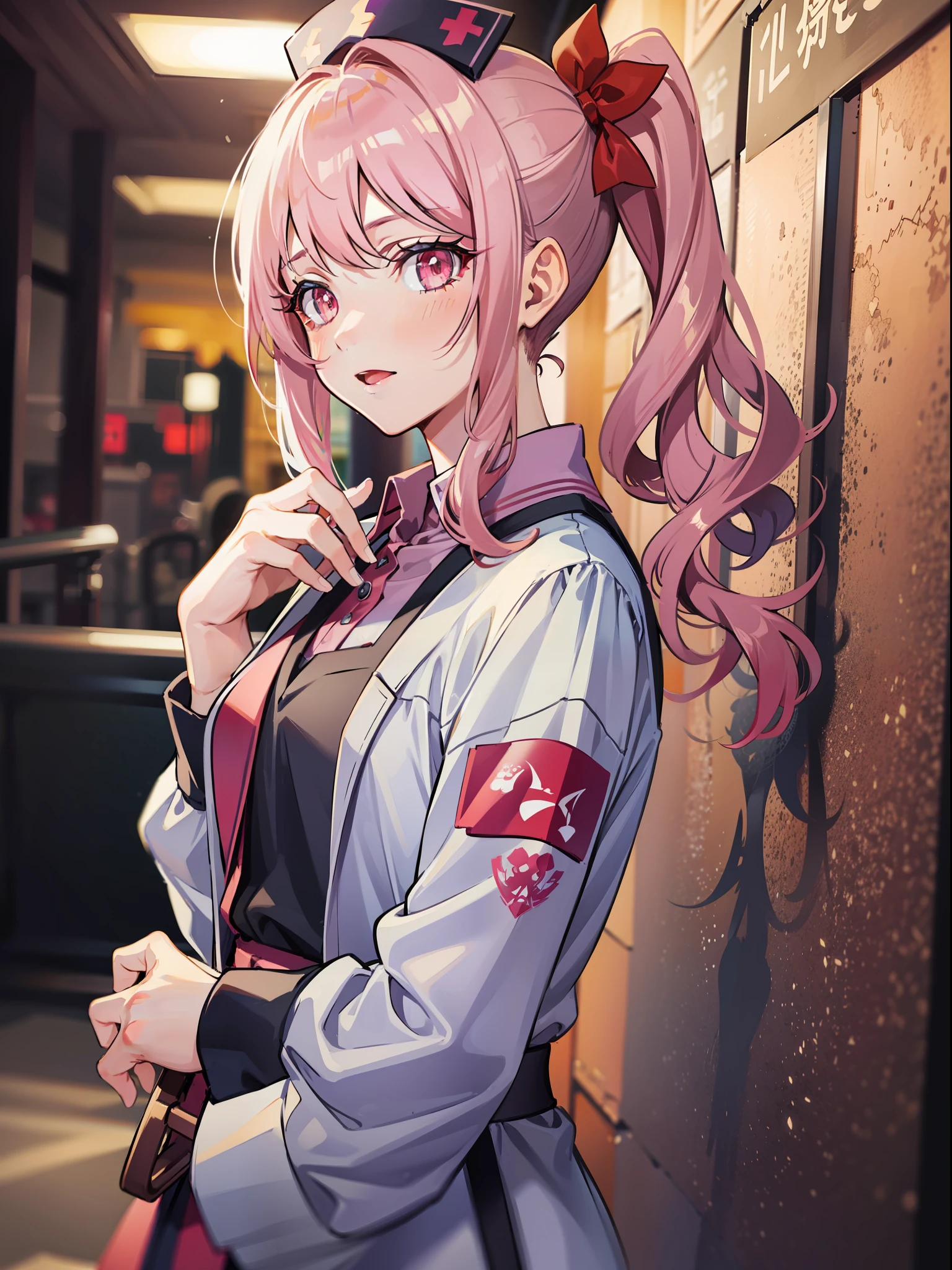 akiyama mizuki, 1other, solo, White nurse clothes, Standing, Side ponytail, mostly dark, mostly in shadow, Night lighting, during night, Dark lighting, back Lighting, Red_bow, Colorful, otome game cg, 巨作