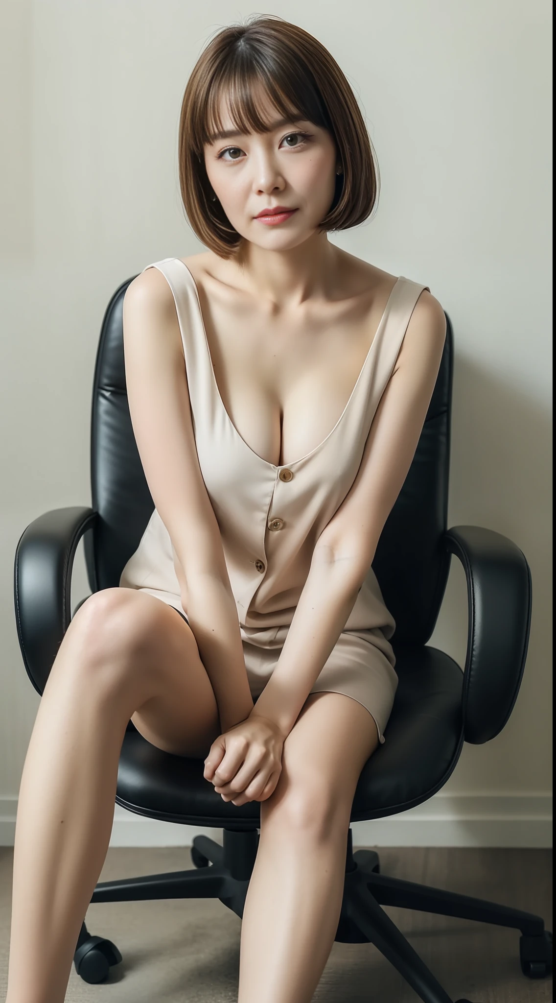 шедевр, Top image quality, A high resolution, 独奏, small tits, 40yo, (wrinkles:0.1), 1 persons, s Office, sits on a chair, Stylish coordination, Bob Hair,