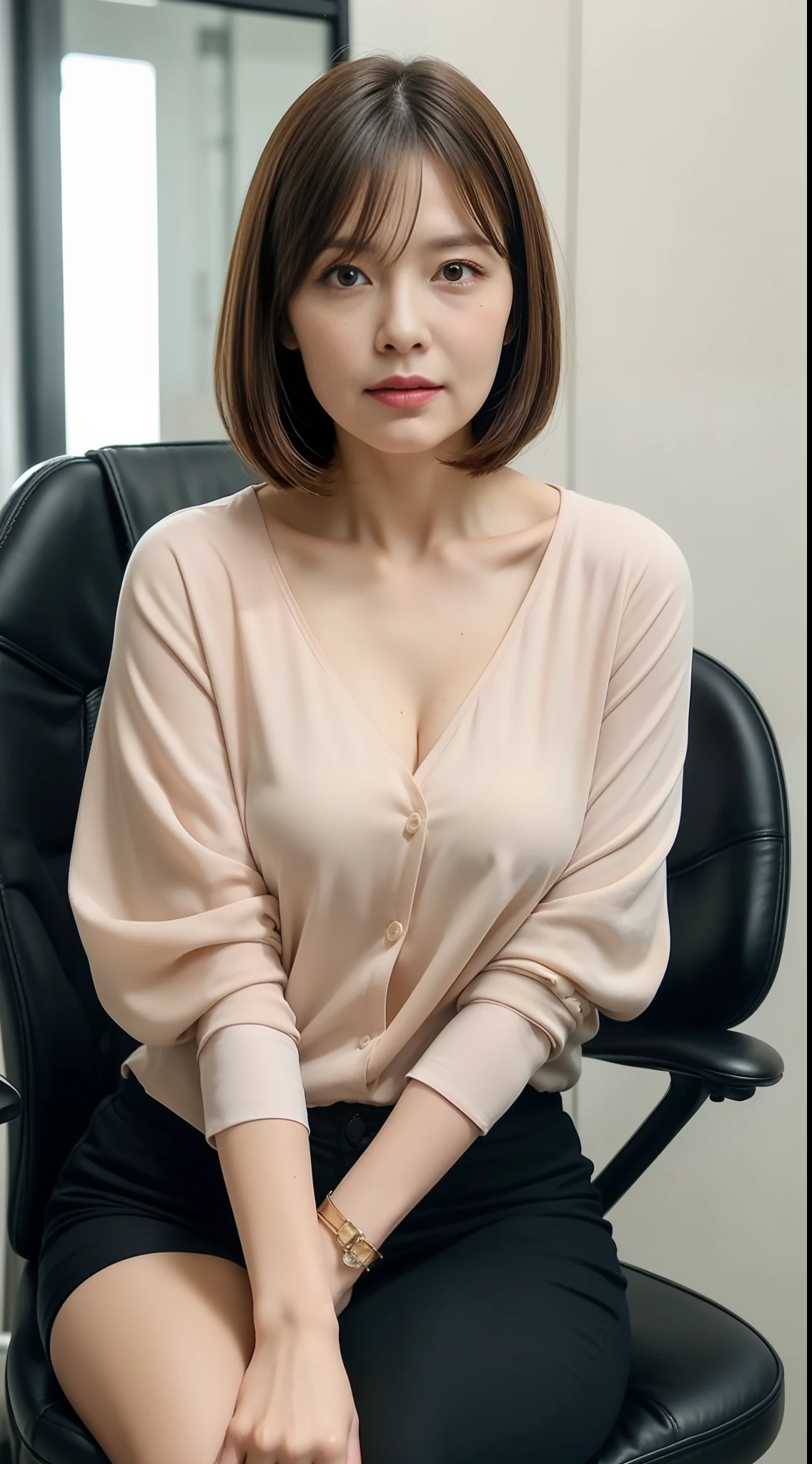 шедевр, Top image quality, A high resolution, 独奏, small tits, 40yo, (wrinkles:0.1), 1 persons, s Office, sits on a chair, Stylish coordination, Bob Hair,