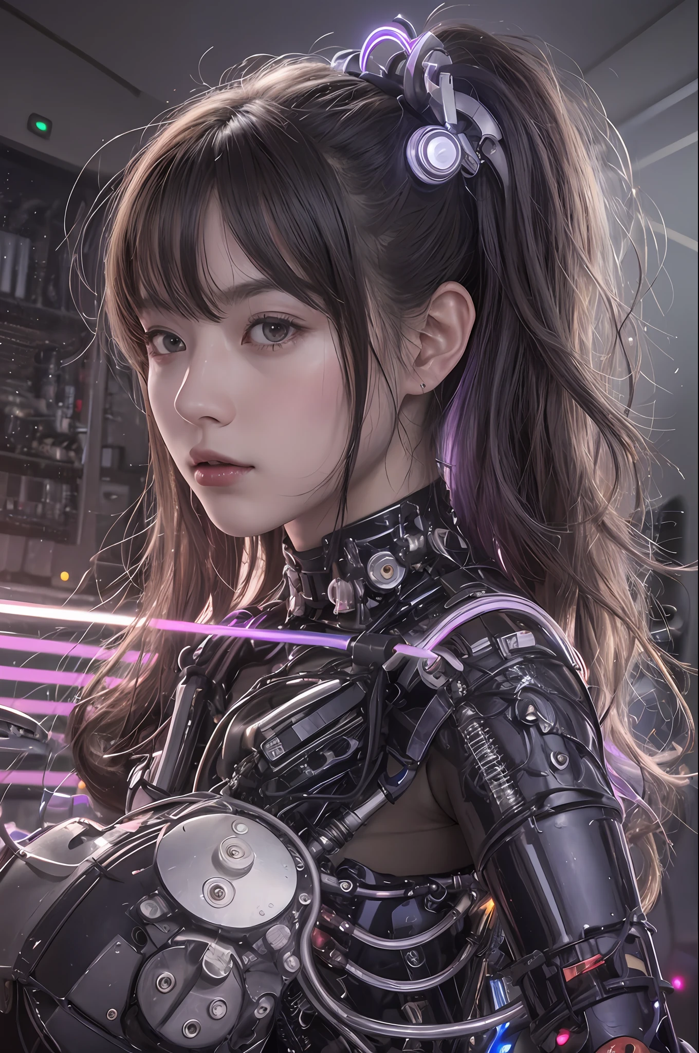 beste-Qualit、шедевр、ultra-high-resolution、(photo- realistic:1.4)、Raw photo、女の子1人、Black hair、glowy skin、Cyberpunk Suit、((hyper realistic detail))、portlate、Global Illumination、Shadow、octan render、in 8K、ultrasharp、巨乳、Raw skin is exposed in cleavage、metals、Details of complex ornaments、Gothloli details、Luminous tube、extremely intricate detail、Realistic light、CGSoation Trends、purple-eyed、radiant eyes、Facing the camera、neon details、Mechanical limbs、blood vessels connected to tubes、Mechanical vertebrae attached to the back、mechanical cervical attaching to neck、sitting on、Wires and cables connecting to the head、Small LED lamp、The background is the server room of the future、