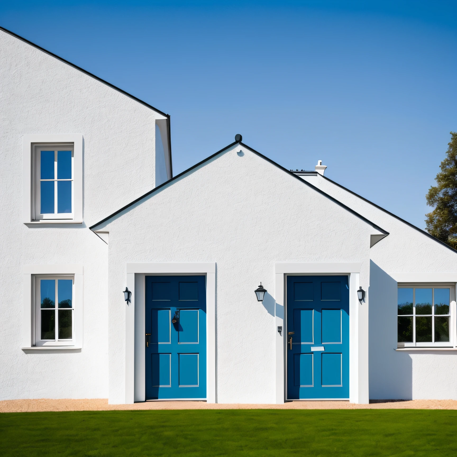 (best quality) A photograph of (a white house in Northern Europe) with (a black door), captured in (natural lighting), set against a (clear blue sky). (Ultra-detailed), the image should show a sense of (serenity) and simplicity, focusing on the (unique architecture) of the house. --auto
