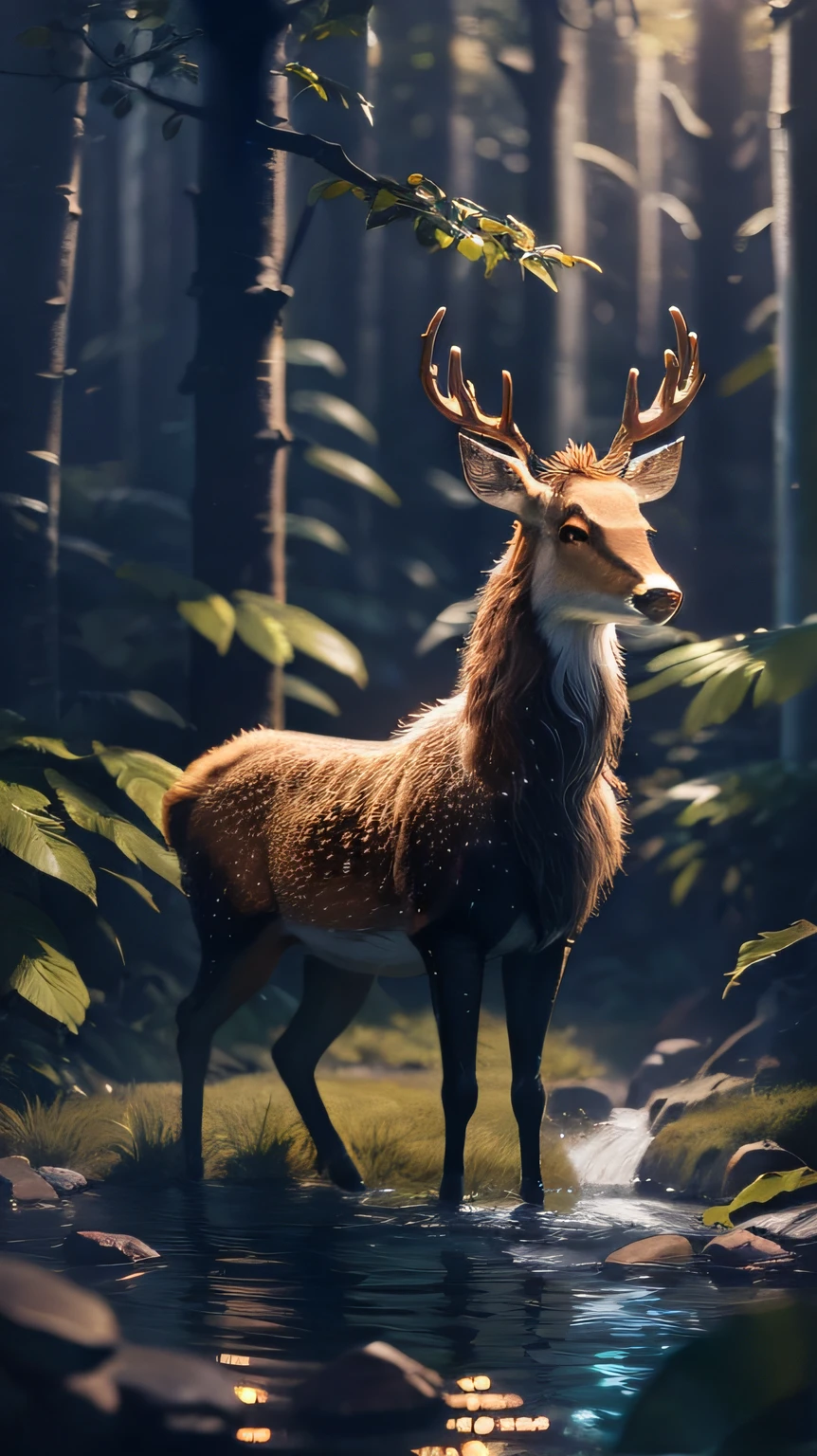 Morning,forested,A sika deer looks up at the sky,Yangguan shines through the forest on the sika deer