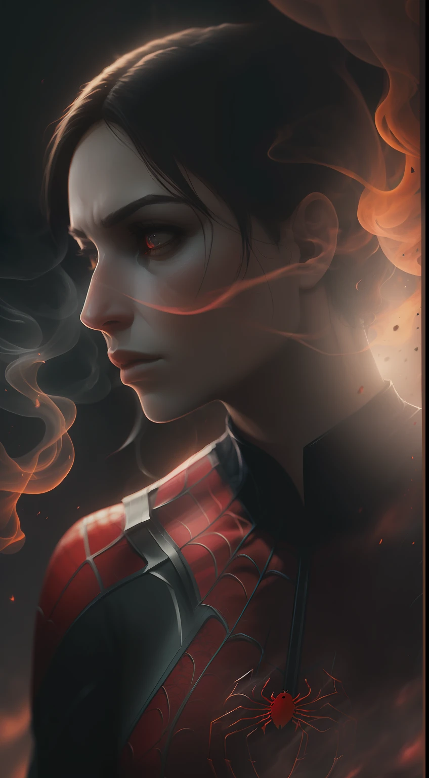 (A gloomy snapshot: 1.1), Epic Realistic, Spider-Woman in a red smoke cloud, soft cinematic light, Adobe Lightroom, photolab, HDR, intricated, Highly detailed, (Depth of field: 1,4), hyperdetail (Artstation: 1,4), Cinematic, warm light, Dramatic light (intricate details: 1,1)