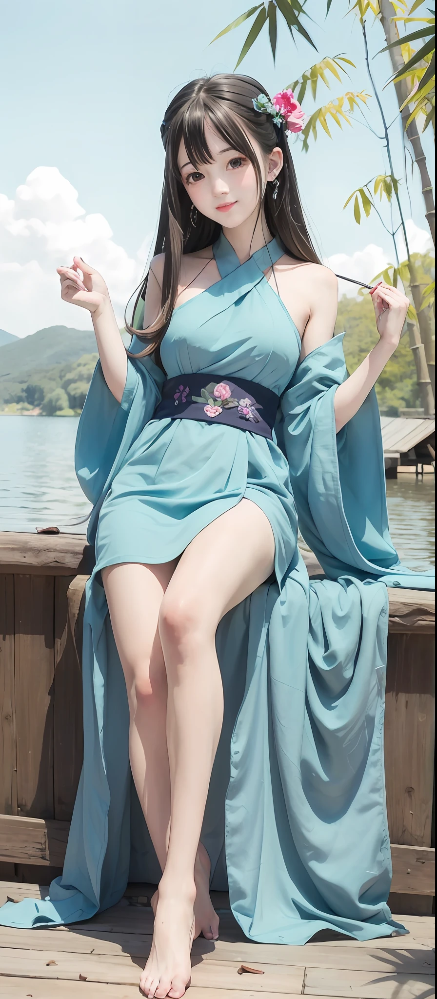 Masterpiece, Best Quality, Official Art, 8k Wallpaper, Very Detailed, Illustration, 1 Girl, Sky Blue Hair, Long Hair, Detailed Eyes, Forrest Gump, Bare Shoulders, Hanfu, Lake, Pure, Soft Smile, bamboo, tea