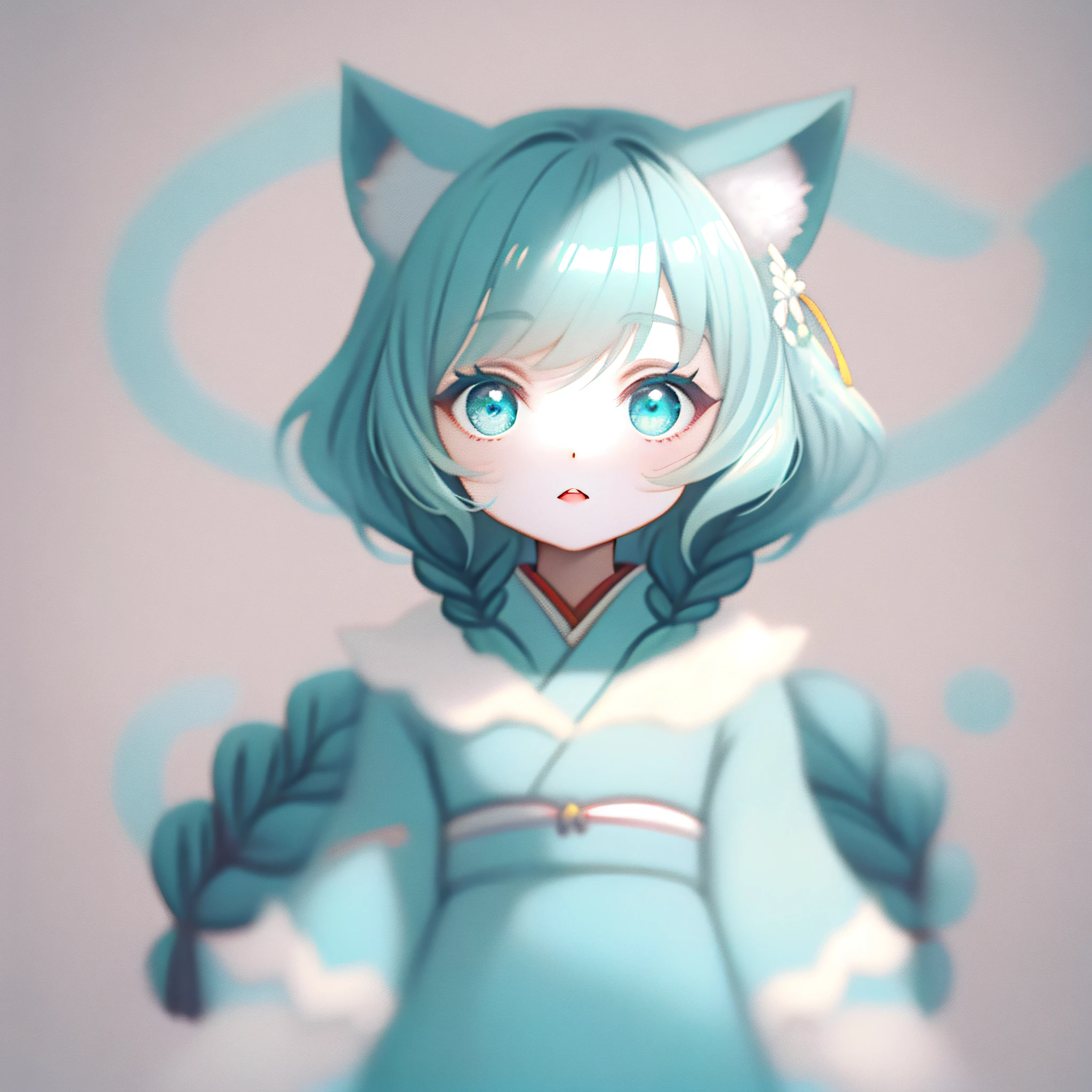 Tiffany blue,chiquita,white backgroun,Small cat ears,Double braid,hight clarity,style of anime,Japan kimono,closeup of face