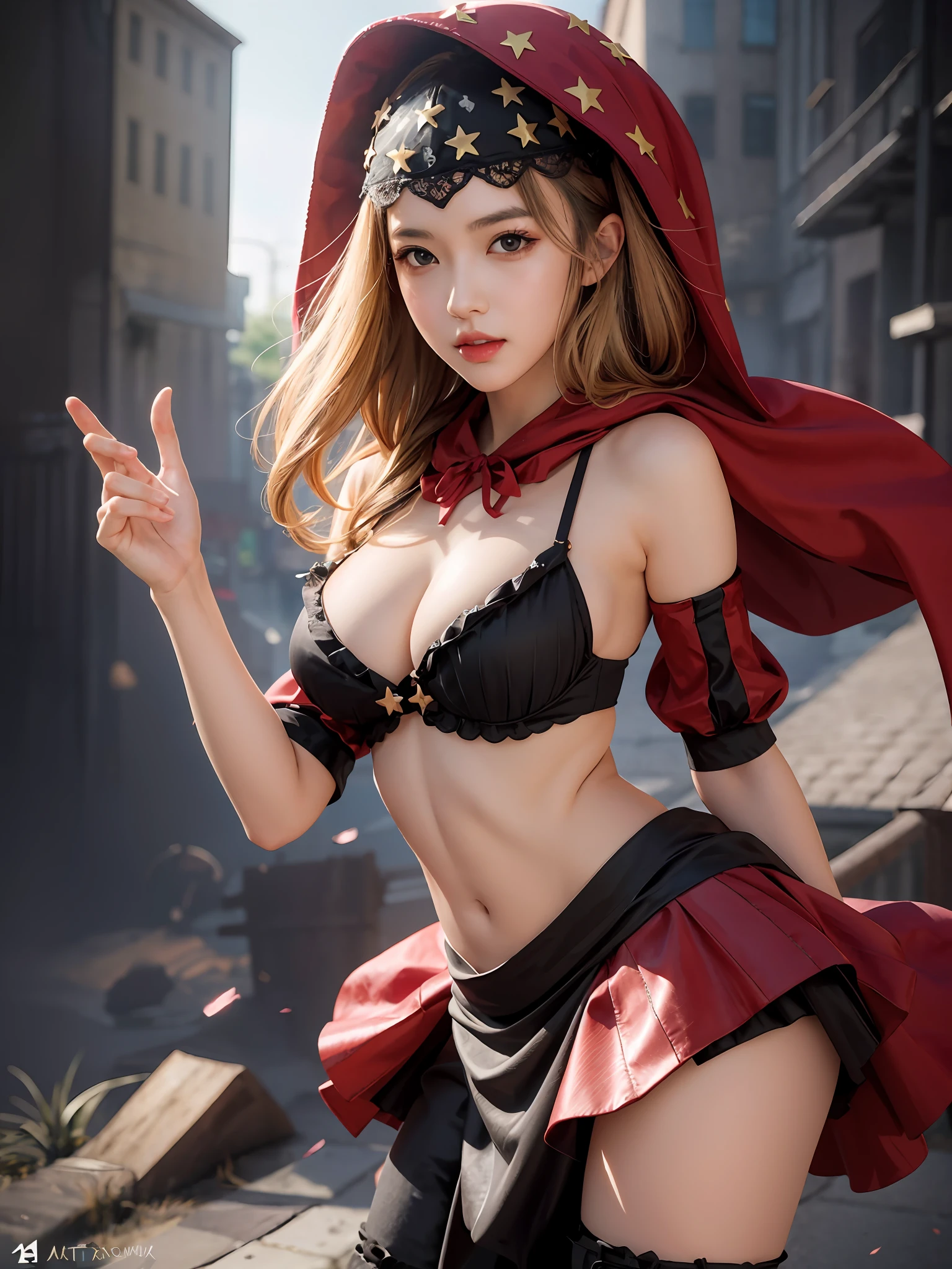 sexy woman in a red cape and black dress sit on a rock, ig model | artgerm, wlop and artgerm, thief red riding hood, artgerm and wlop, range murata and artgerm, wlop and sakimichan, anime girl cosplay, extremely detailed artgerm, ruan jia and artgerm